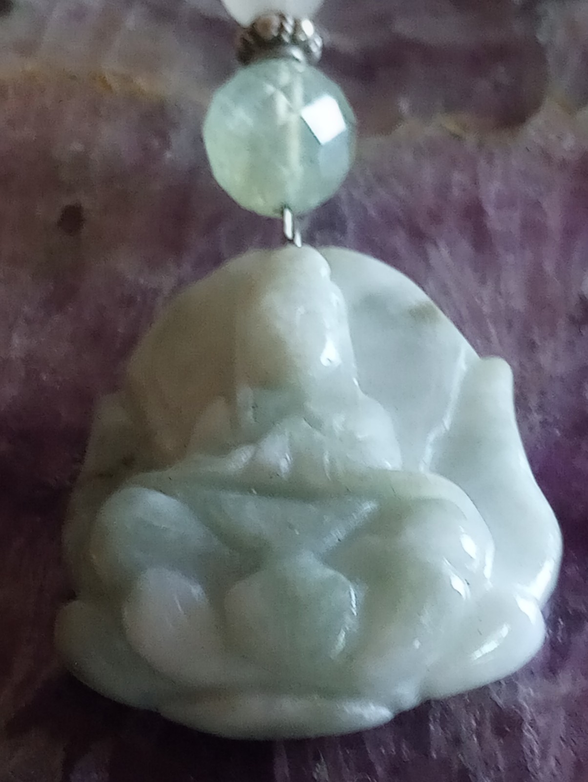 ESTATE HAND CUT JADE QUAN YIN ON A LOTUS W/ HEALING WATER PENDANT JEM STONES