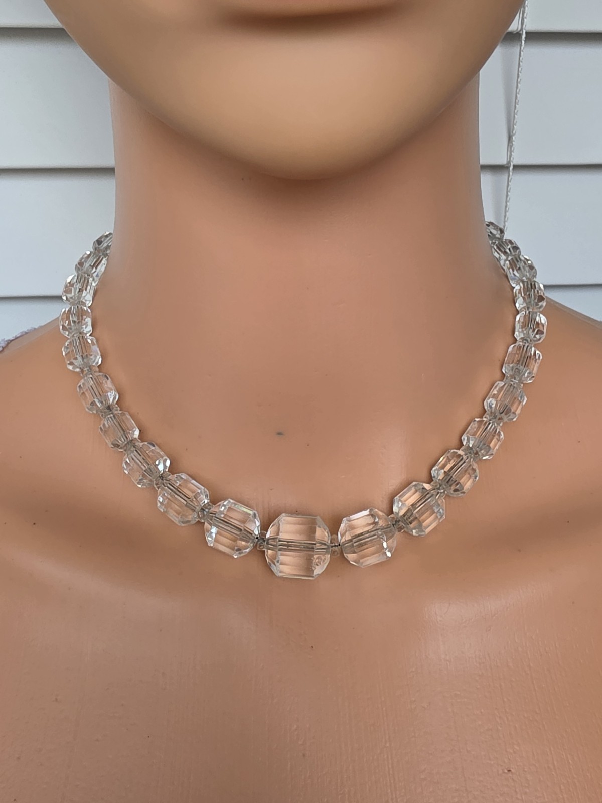 Vintage Clear Faceted Crystal Glass Cube Cut Bead Necklace Art Deco Style 15”