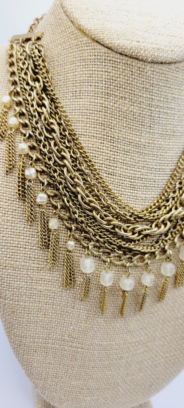 Fringe Necklace Vintage 8 Layers Layered Gold tone Multichain Beaded 16.5″