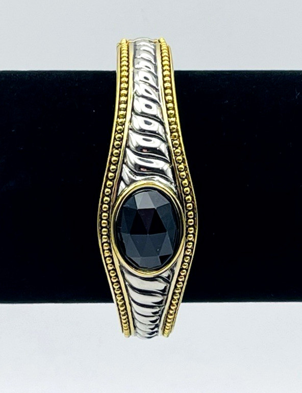 Vintage Silver and Gold Tone Hinged Bangle Bracelet Black Faceted Acrylic Stone