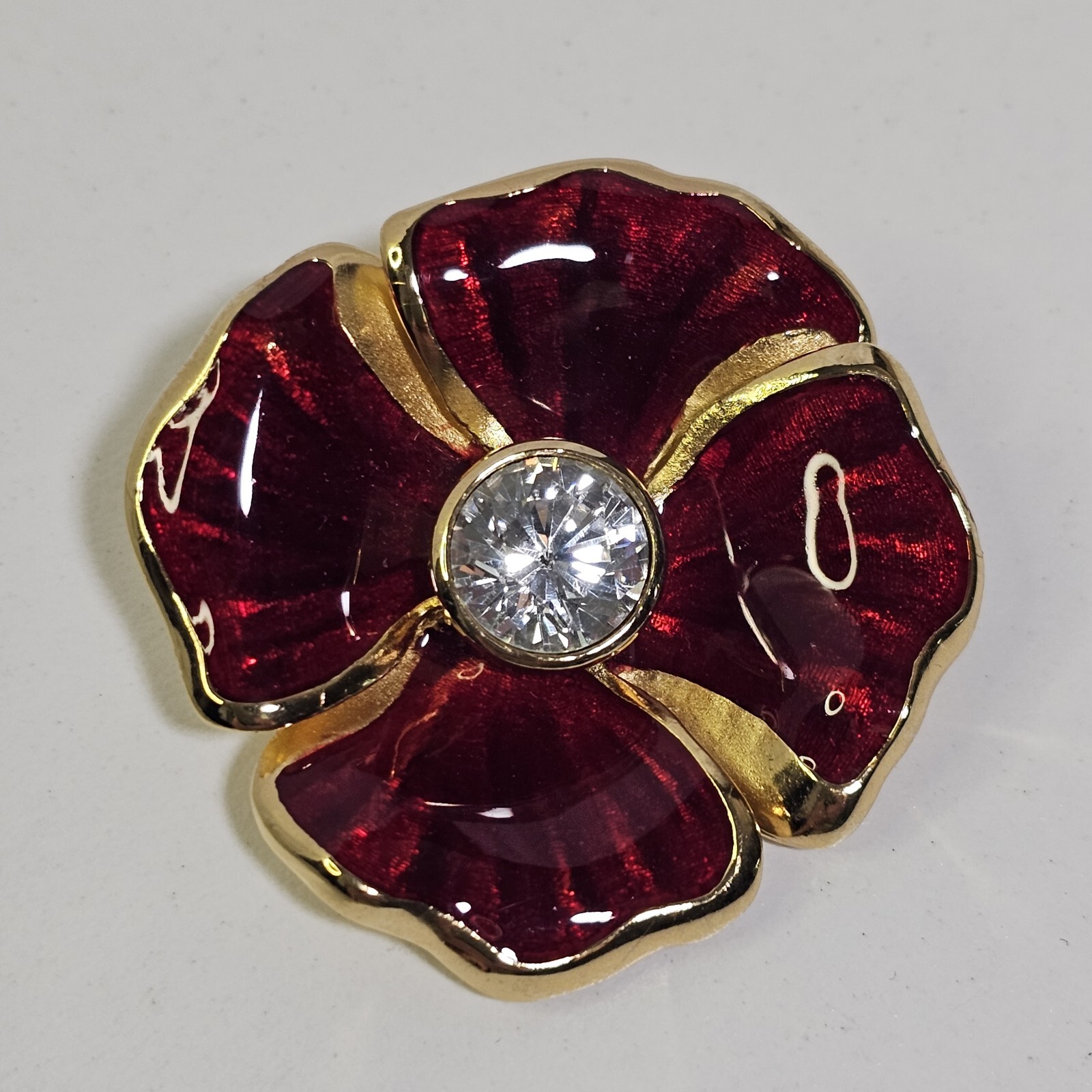 Rare Christian Dior Gold Tone Flower Brooch Pin Rhinestone & Redish Brown Enamel