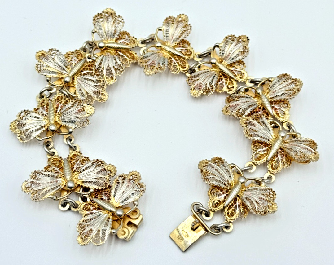 Antique 800 Silver Gold Wash Butterfly Filigree Link Bracelet & Clip On Earrings