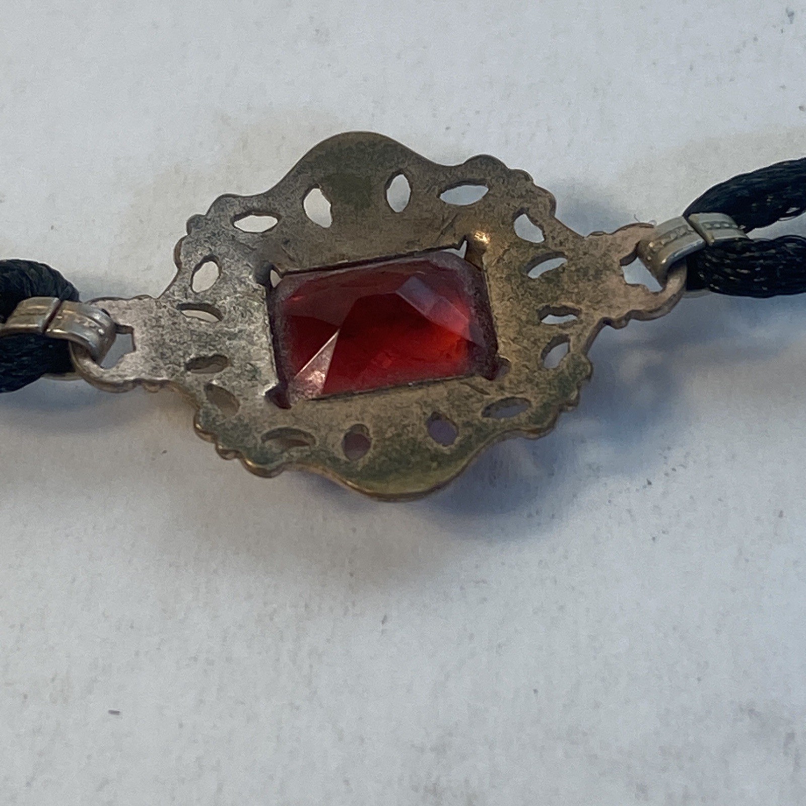 Vintage Bracelet Black Cord W/Gold Tone & Red Stone Small