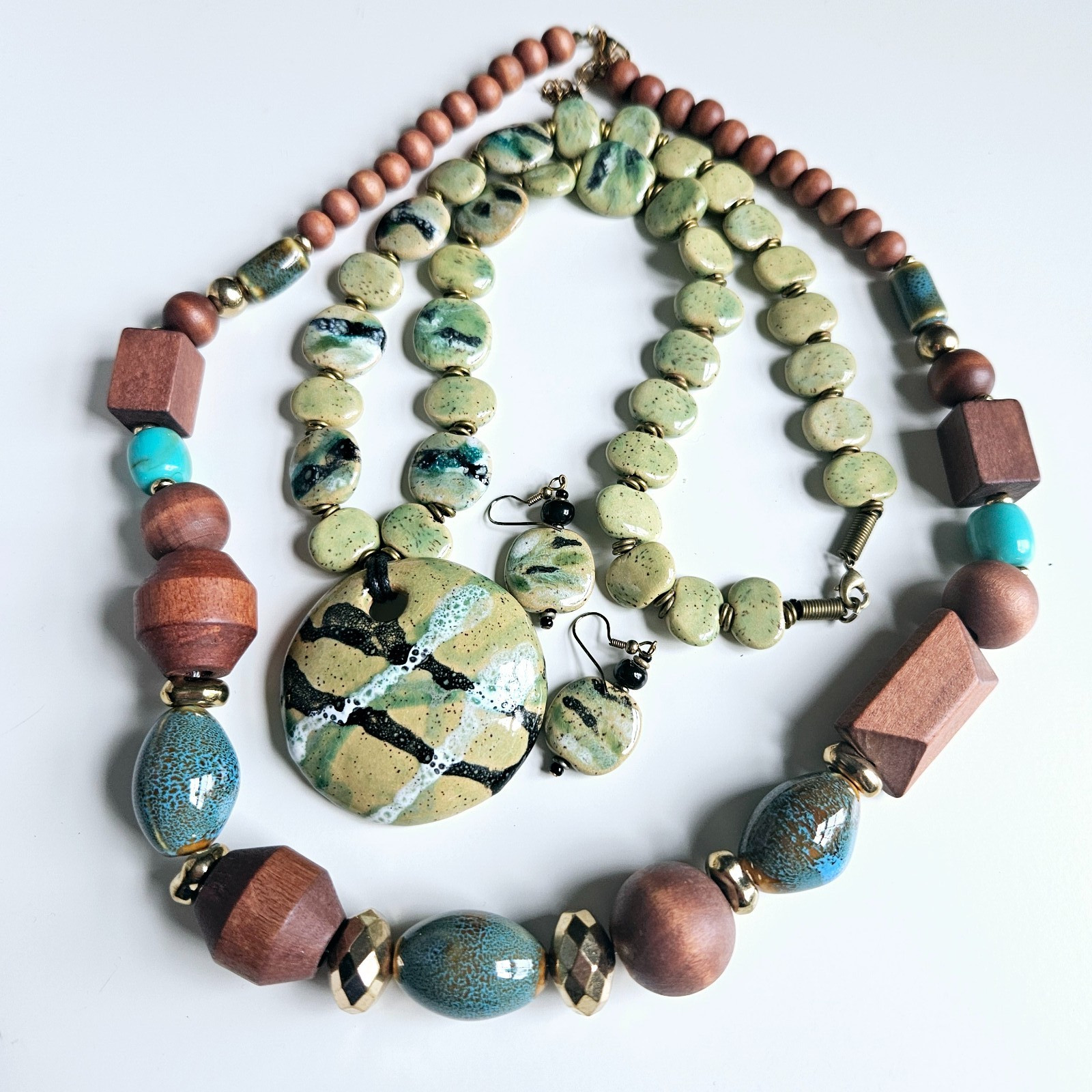 2 Necklaces Earrings Hand painted Ceramic Porcelain Geometric Wood Beads C1946