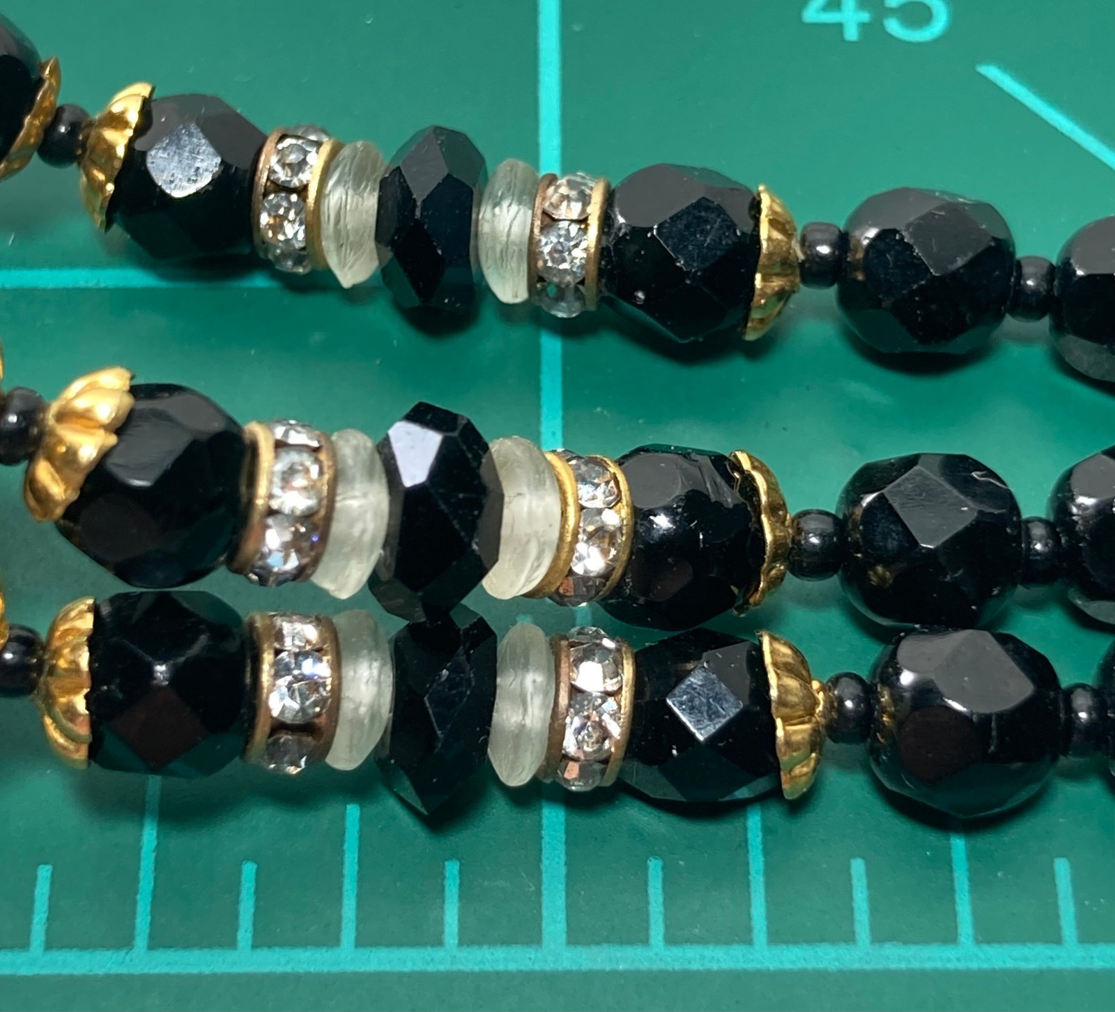 Vtg Unsigned Demario / Haskell 3 Strand Jet Black Glass Bracelet w Cluster Clasp