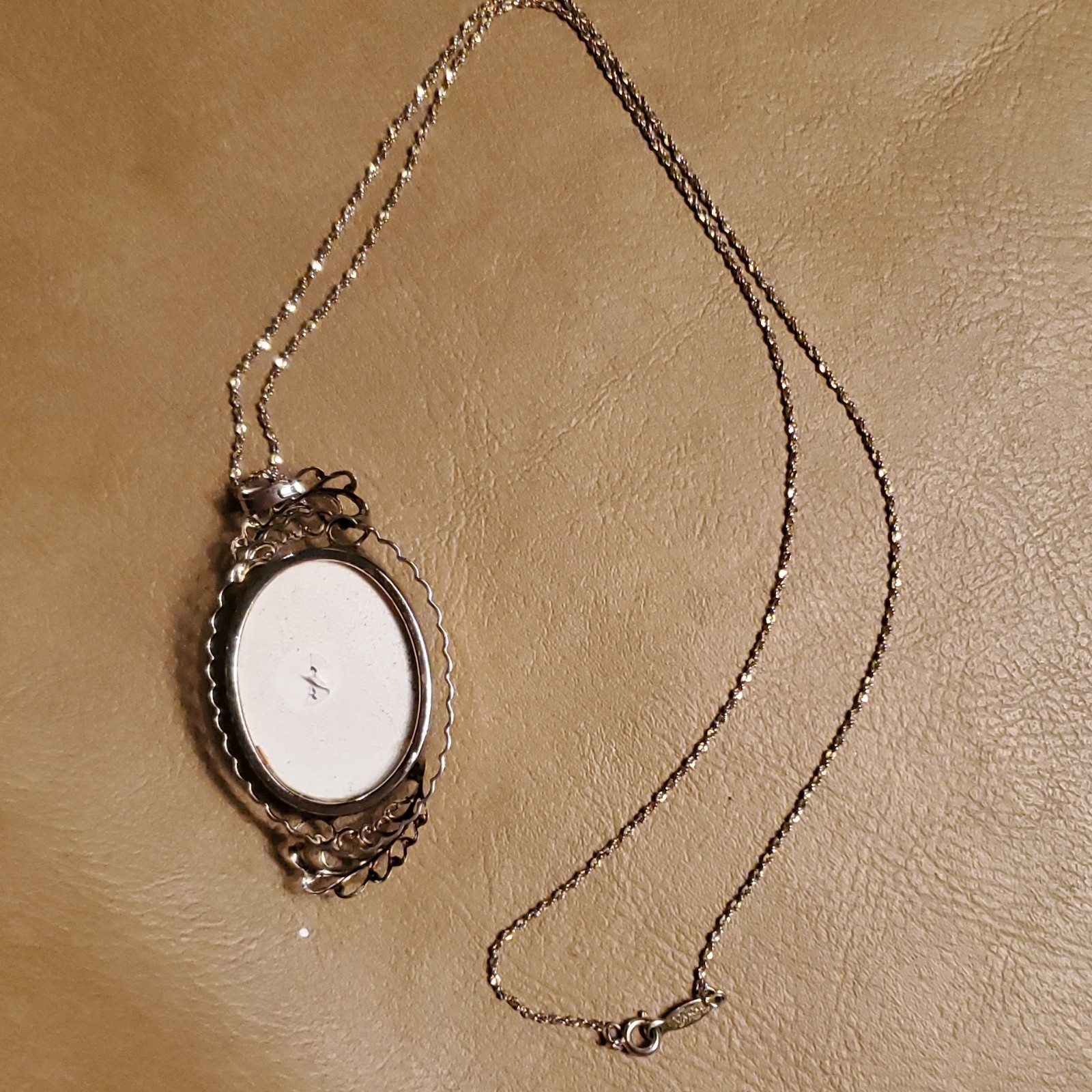 Vintage Gold Tone and Porcelain necklace 2 1/2 inch Courtship Scene A Rare Find