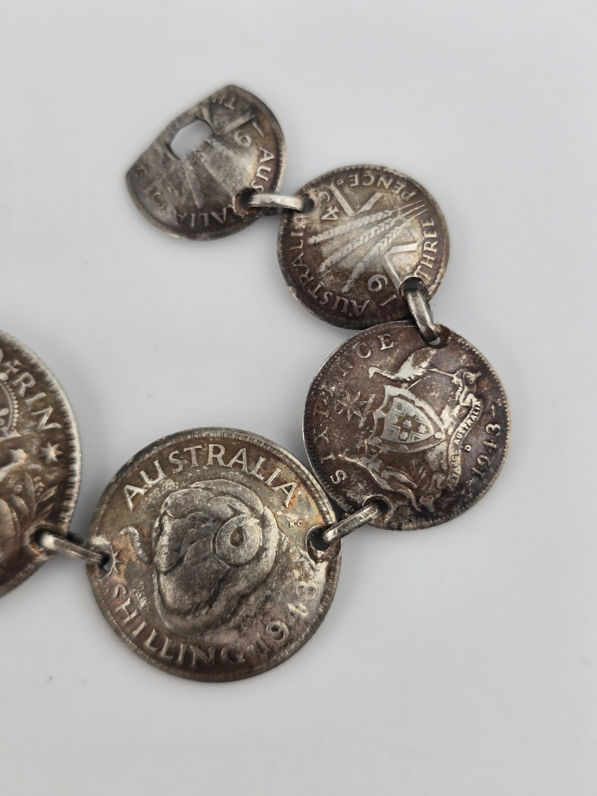 Vintage 1944 Australian Coin Trench Art Charm Link Artisan Bracelet