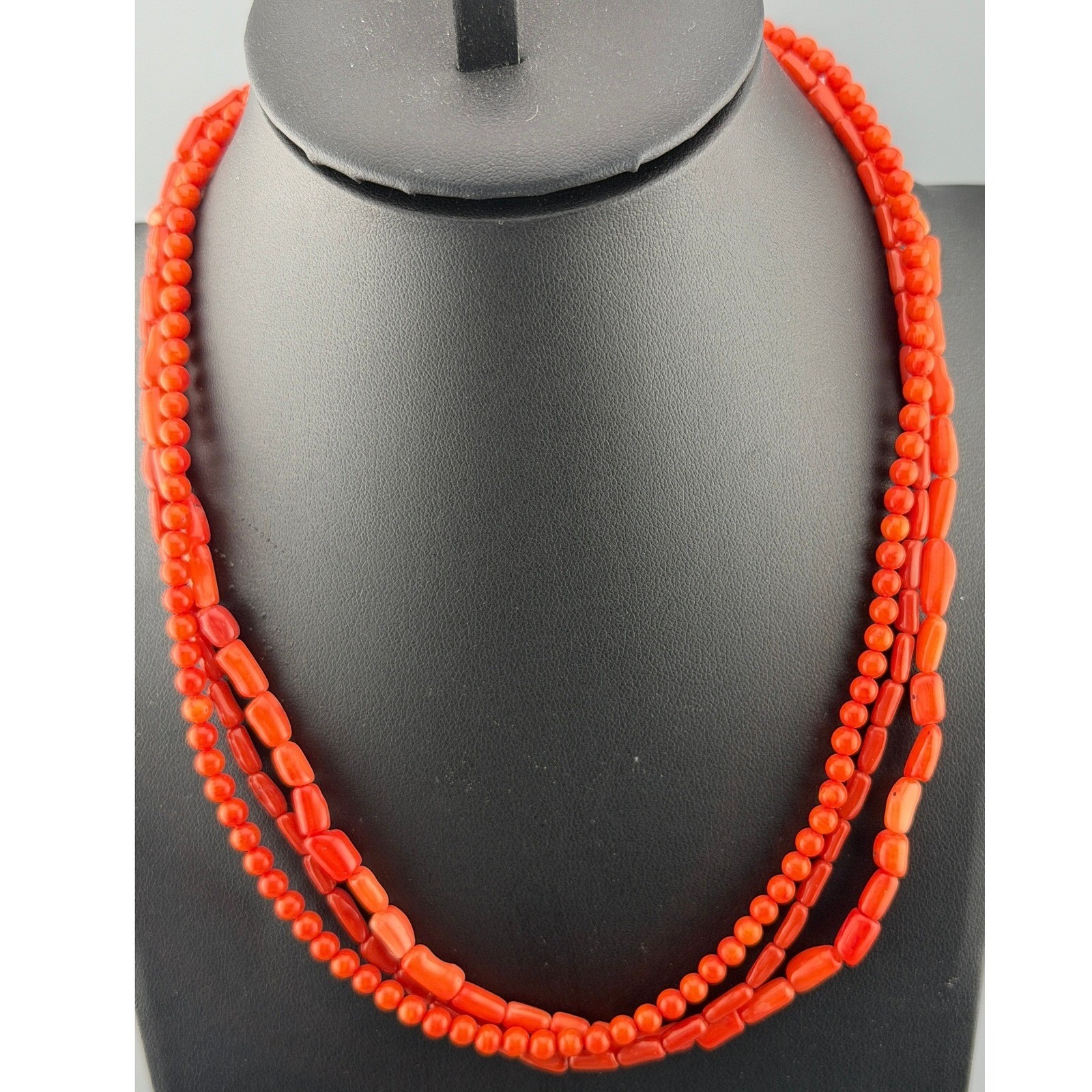 Vintage Multi Strand Coral Bead Necklace Sterling Silver Salmon Orange Beads