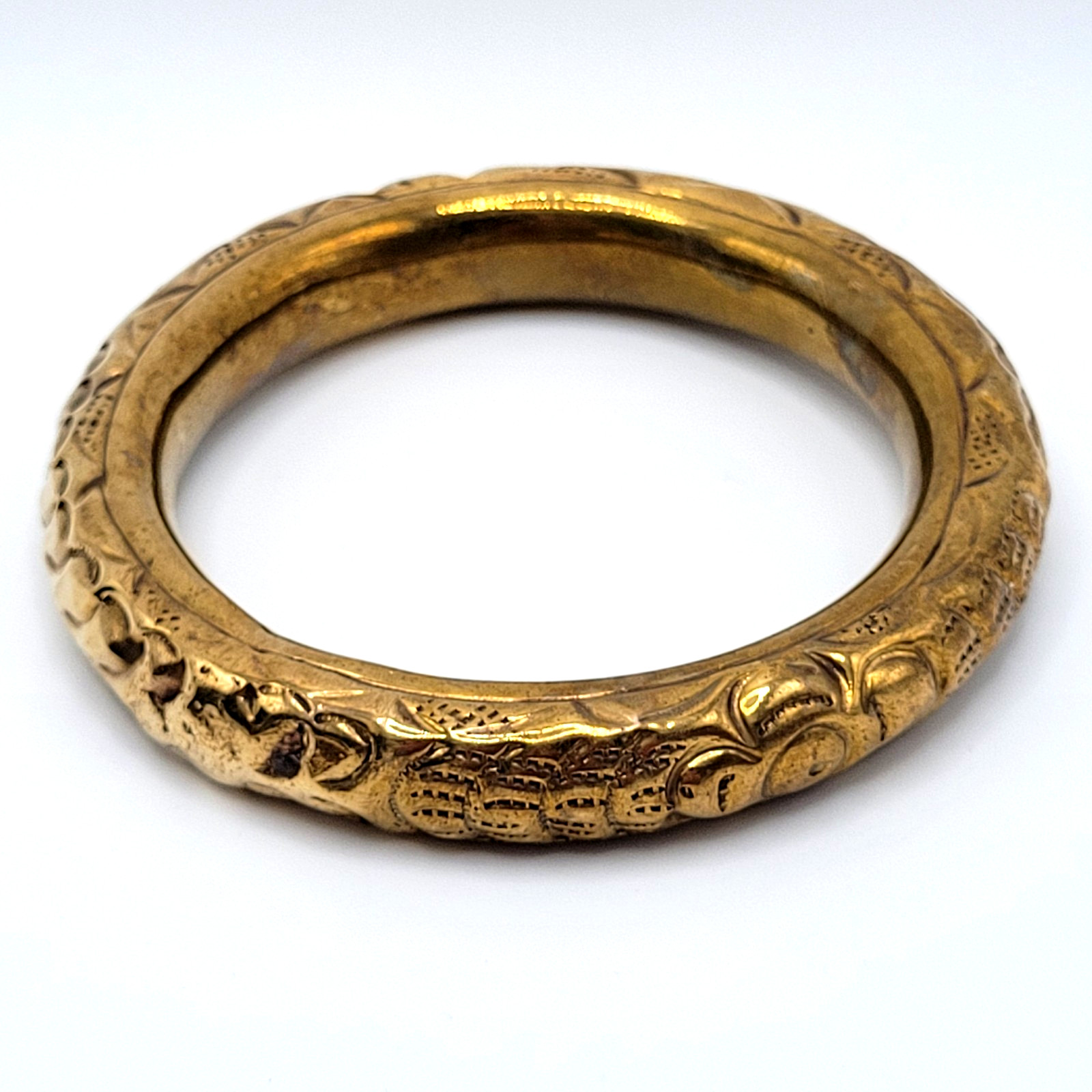 Chinese Wedding Chime Bangle Brass Repousse Chased Hollow Vintage Bracelet