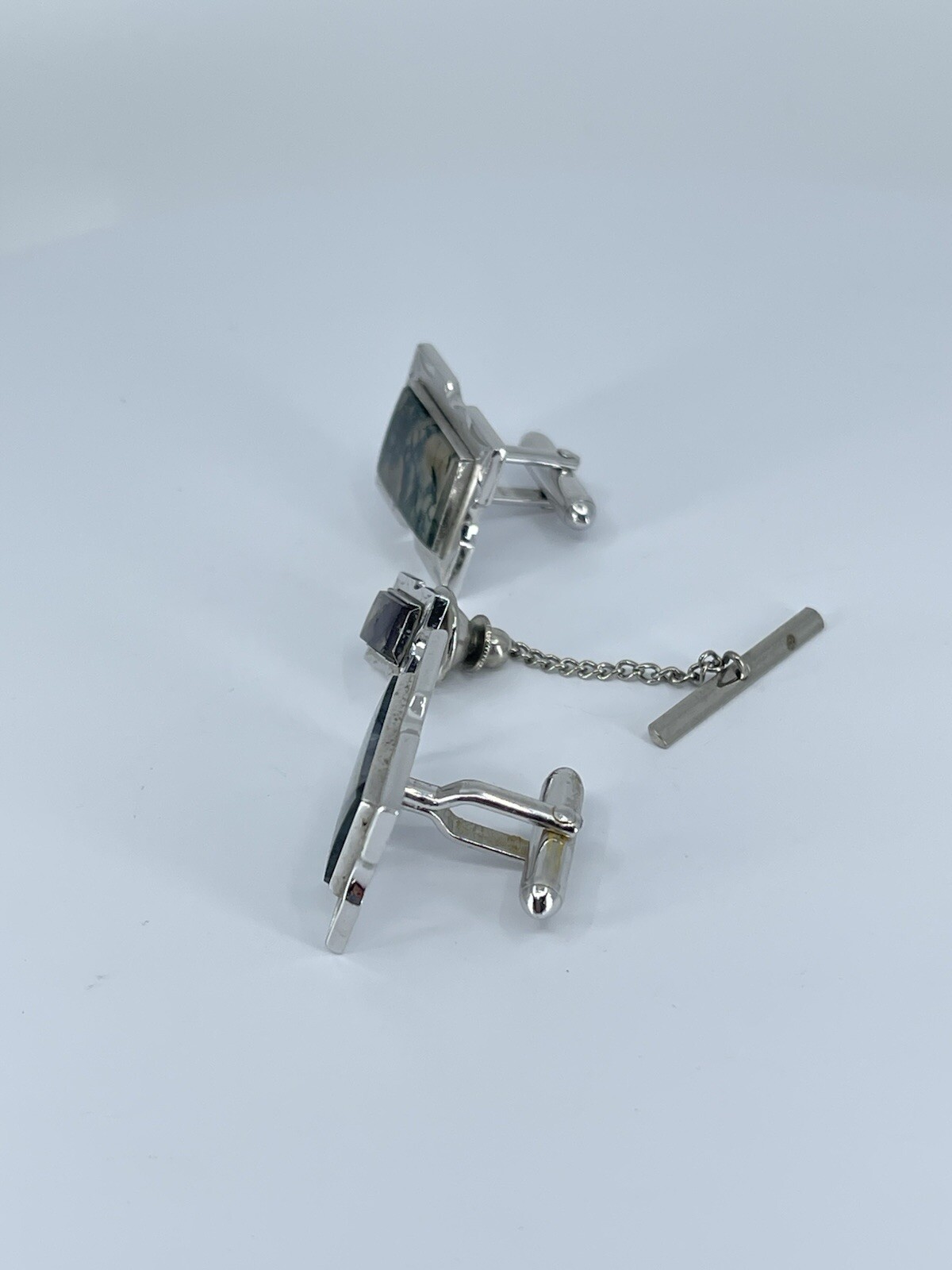Swank Cufflink and Tie Tack set Jadeite rectangle silver tone 3/4″