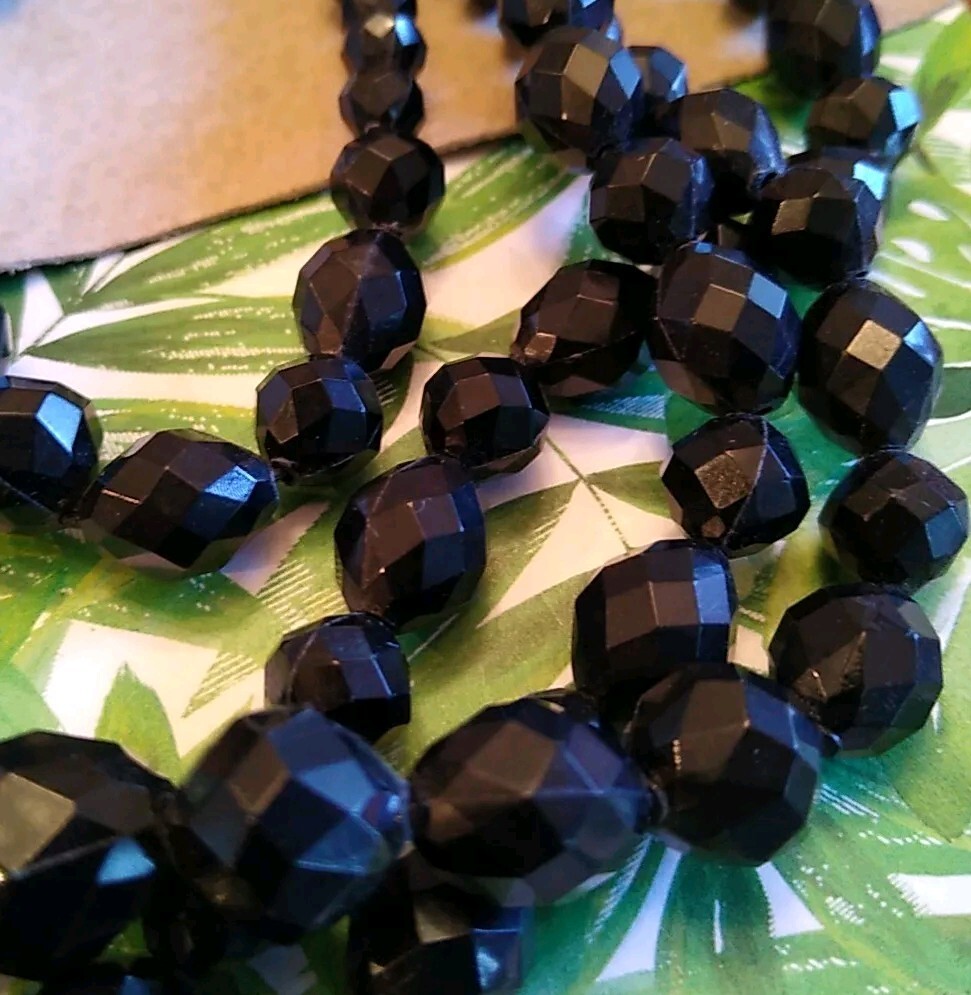 VTG Stamped “GERMANY” Only Plastic Black Faceted Bead Triple Strand Necklace!