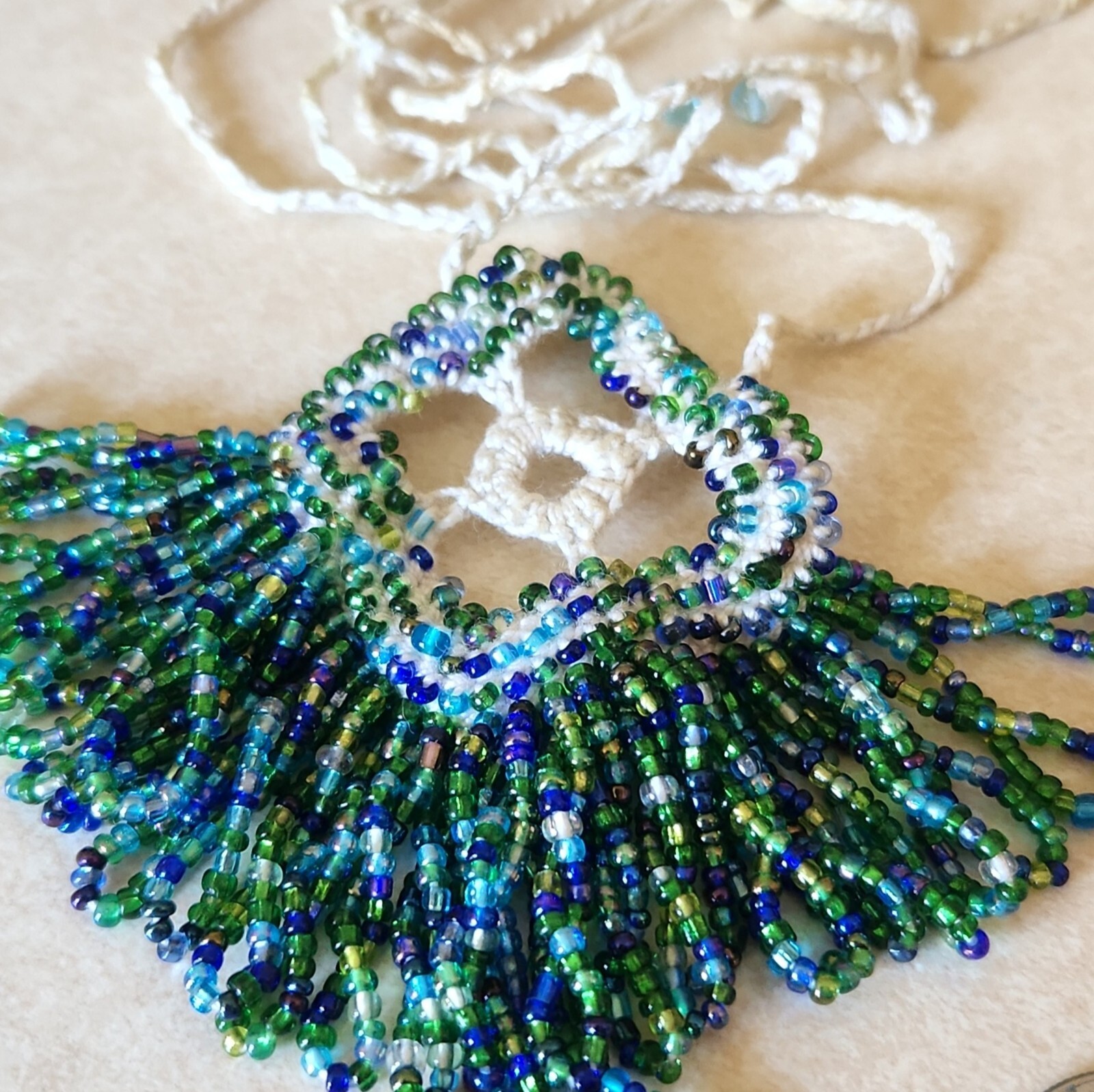 18.5″ Artisan Made Cord Glass Seed Bead Blue Green Necklace Fringe No Metal