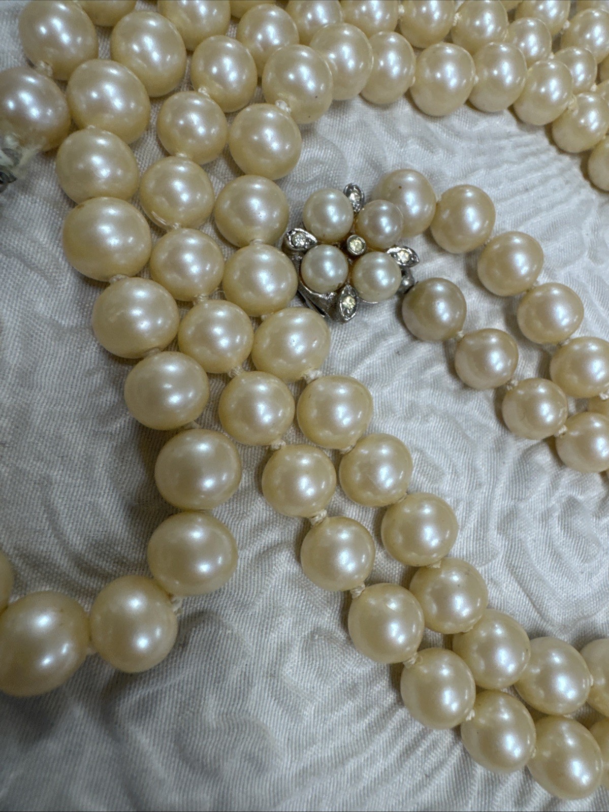 Vintage Hand Knotted Double Strand 24”Faux Pearls &Diamond Pearl Clasp 140 Grams