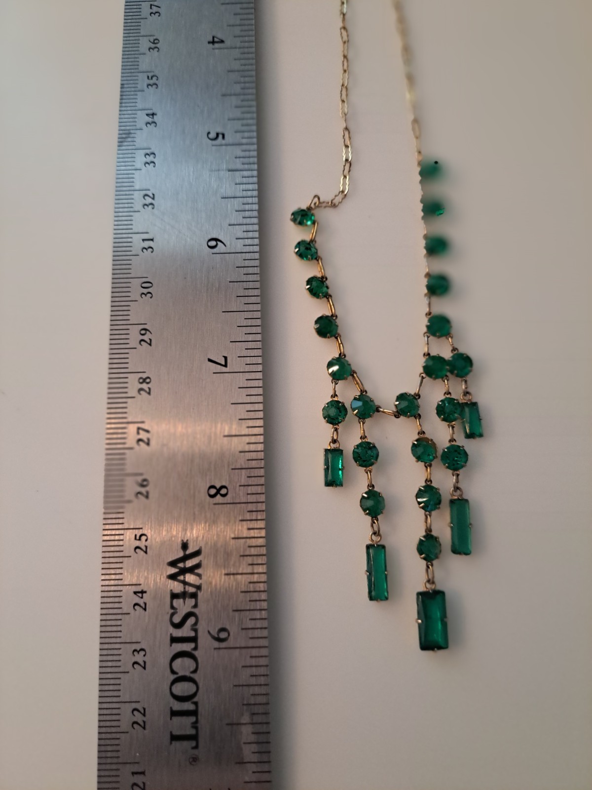 Vintage Art Deco Revival Green Glass Festoon Bib Necklace Gold Tone Fringe Drops
