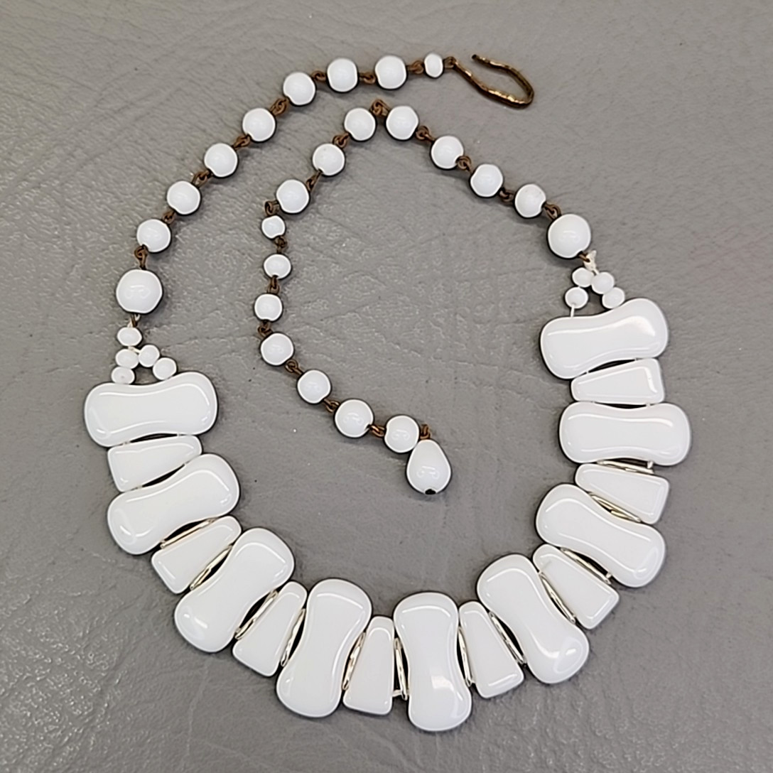 Vintage Beaded Necklace White Milk Glass Choker Hook Clasp West Germany 16″