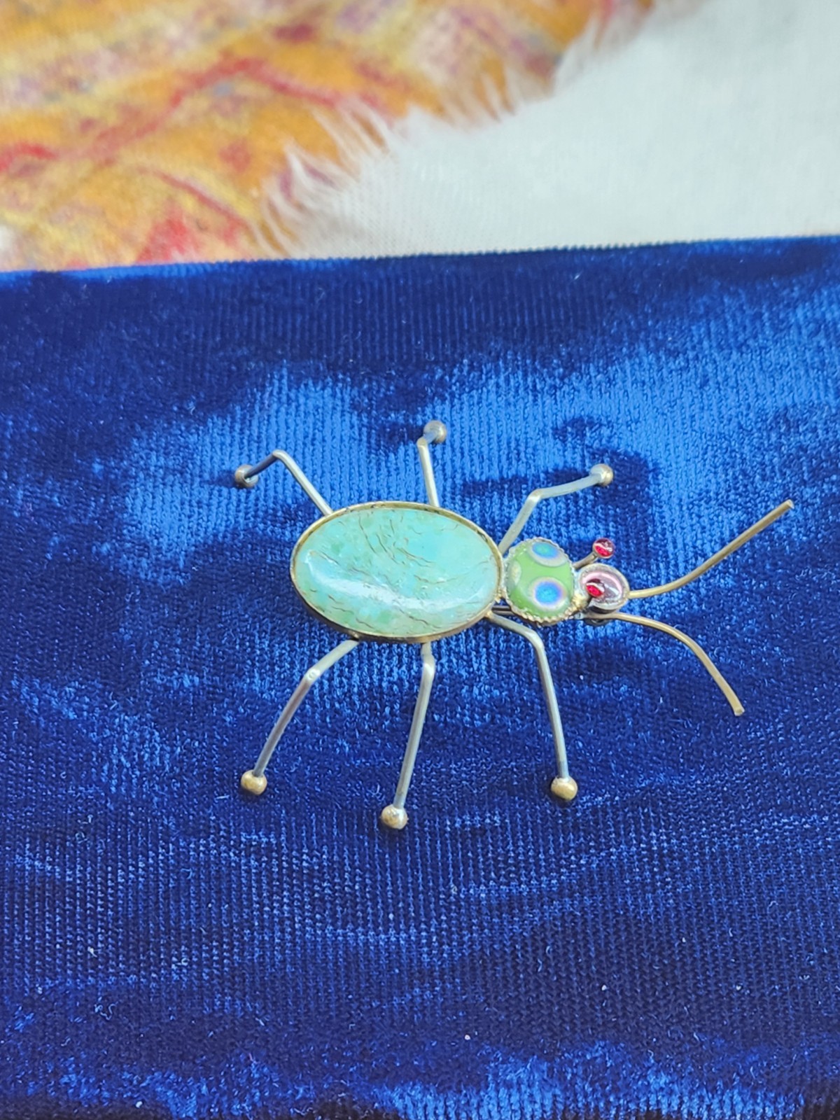 Wonderful Antique Bug Pin With Blue Glass Body And Tiny Purple and Red Head/Eyes