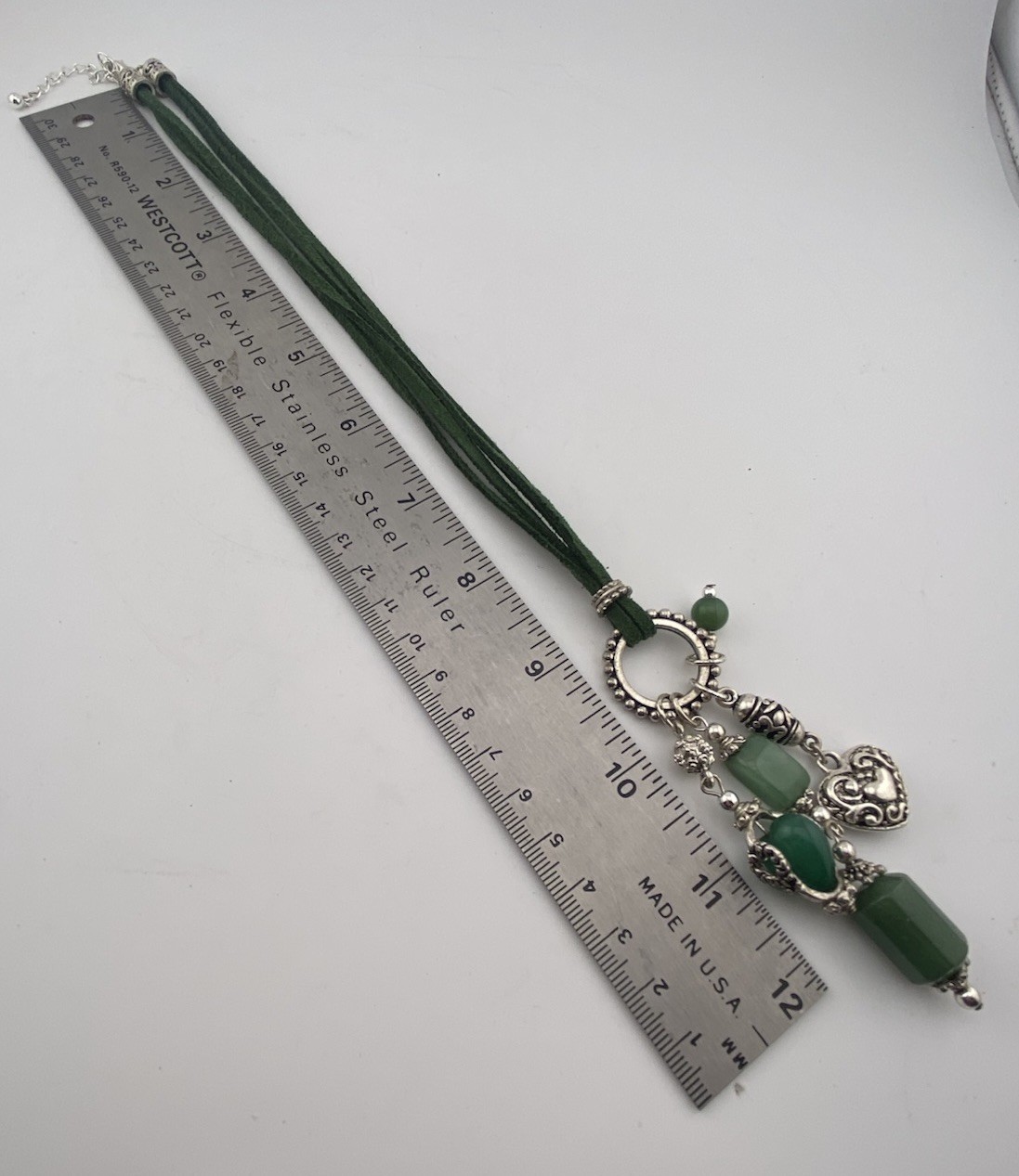 Mod Vtg Silver & Green Semi Precious Stone Tassel Necklace W/ Double Suede Cord