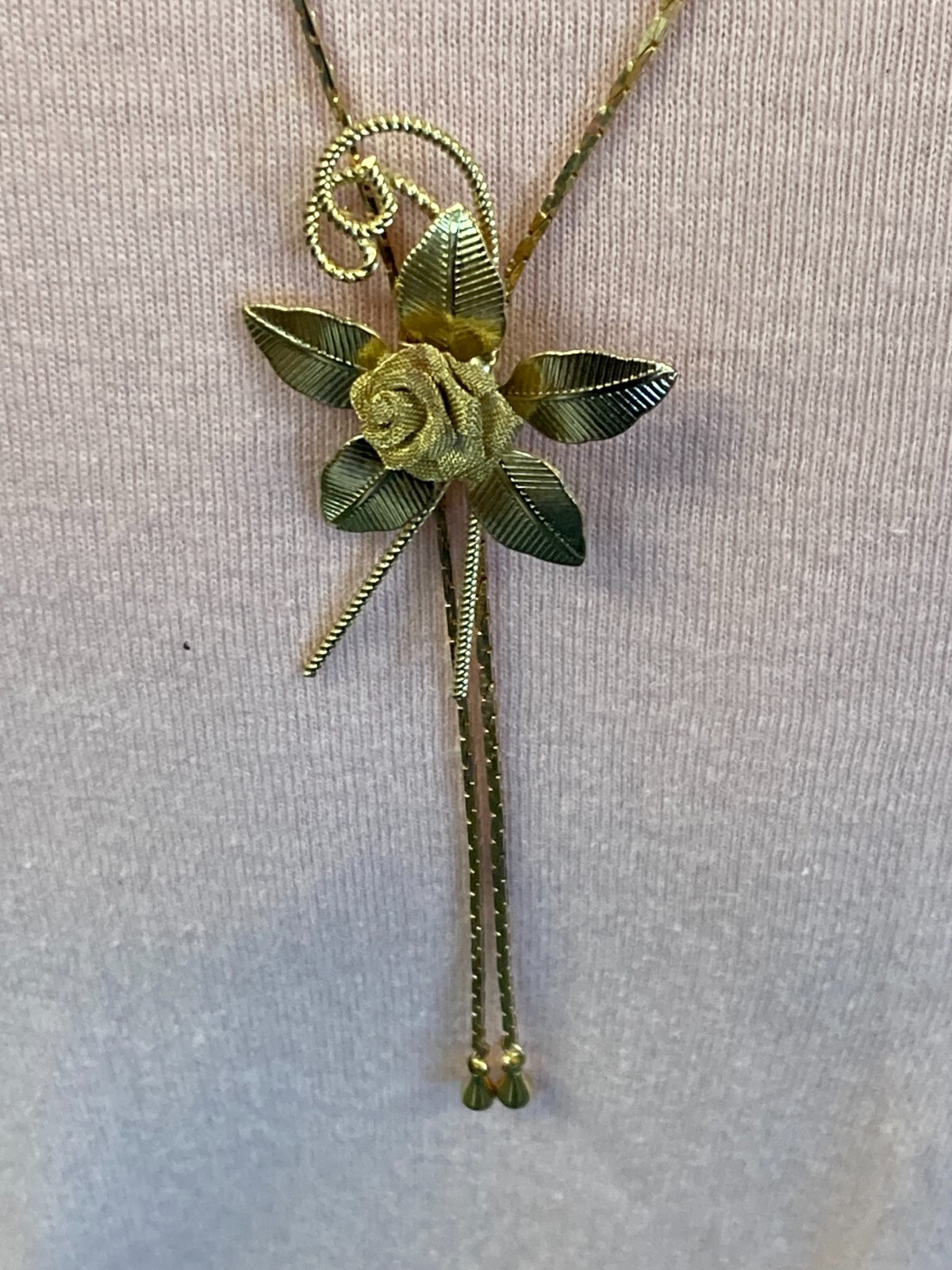 Vintage Texas Tie Flower Necklace Art Nouveau Rose Gold Tone Adjustable 30″
