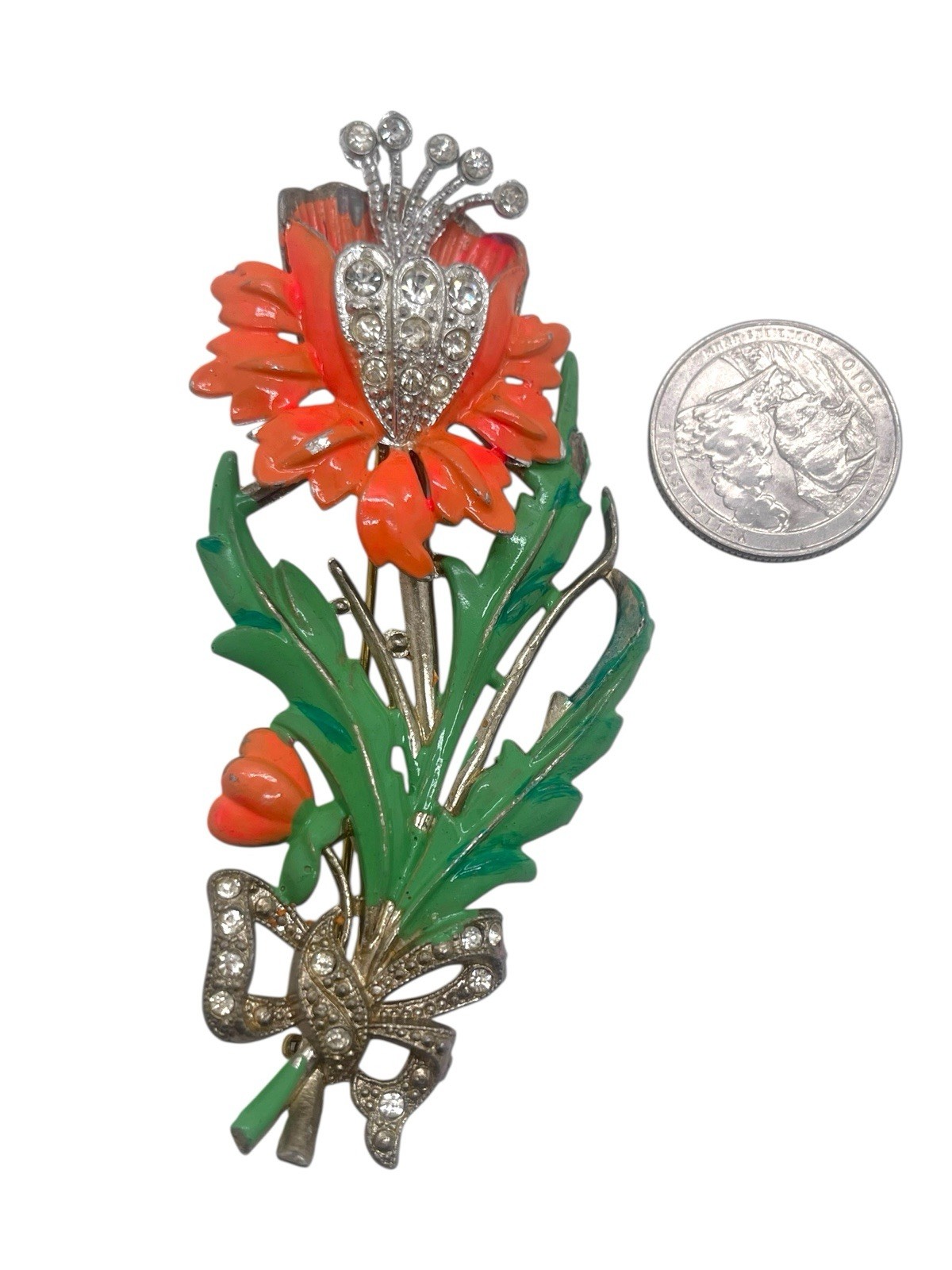 New England Glass Works Rare Figural Enameled Flower Brooch