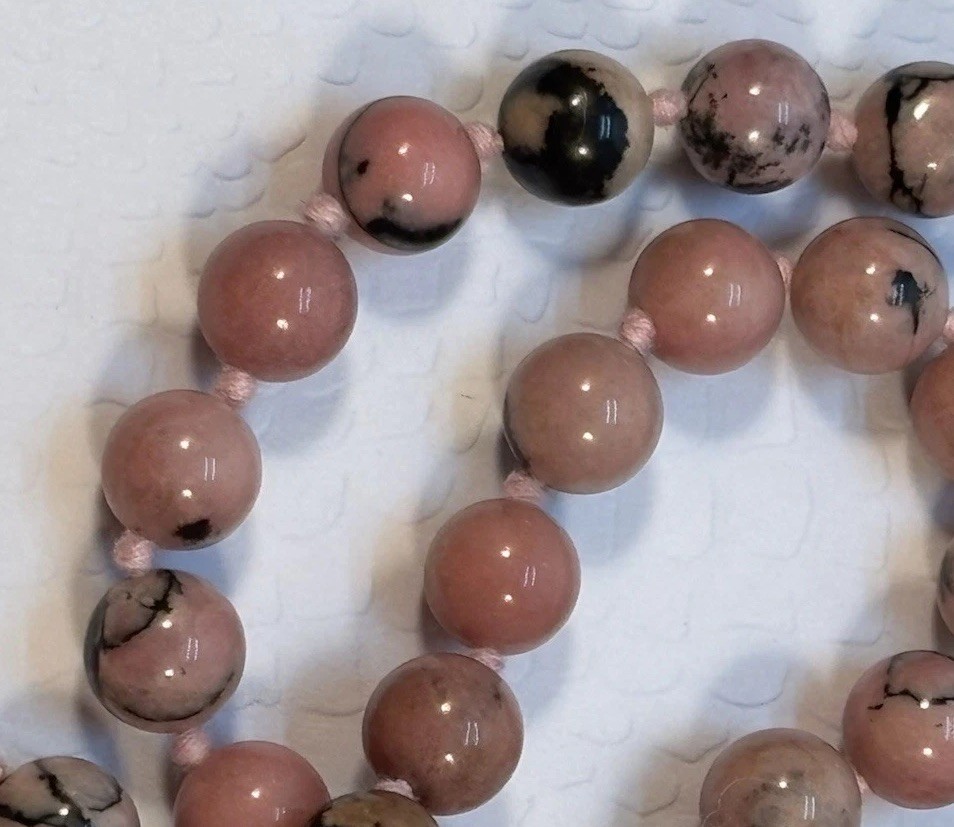 Vintage Pink/Black Rhodonite 8mm Beaded 30” Necklace Hand Knotted Silk No Clasp