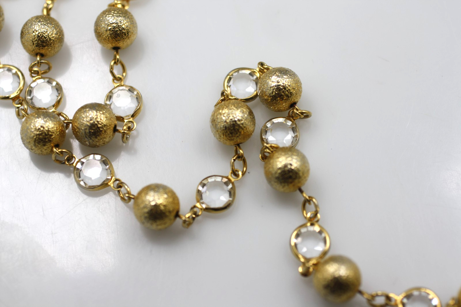 Austrian USA Crystal Necklace Clear 10mm bead chain Open Bezel 34″ gold tone