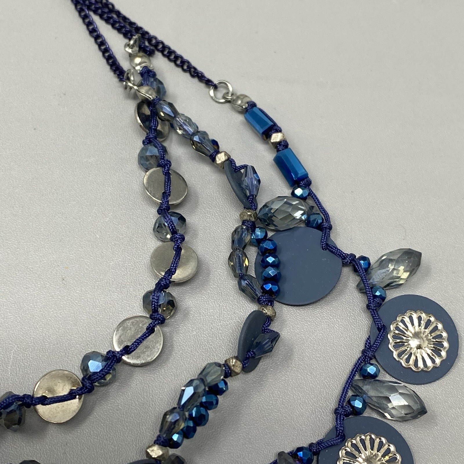 Blue Fringe Glass Beaded Necklace Layered Enamel Faceted Coated Bohemian 18″