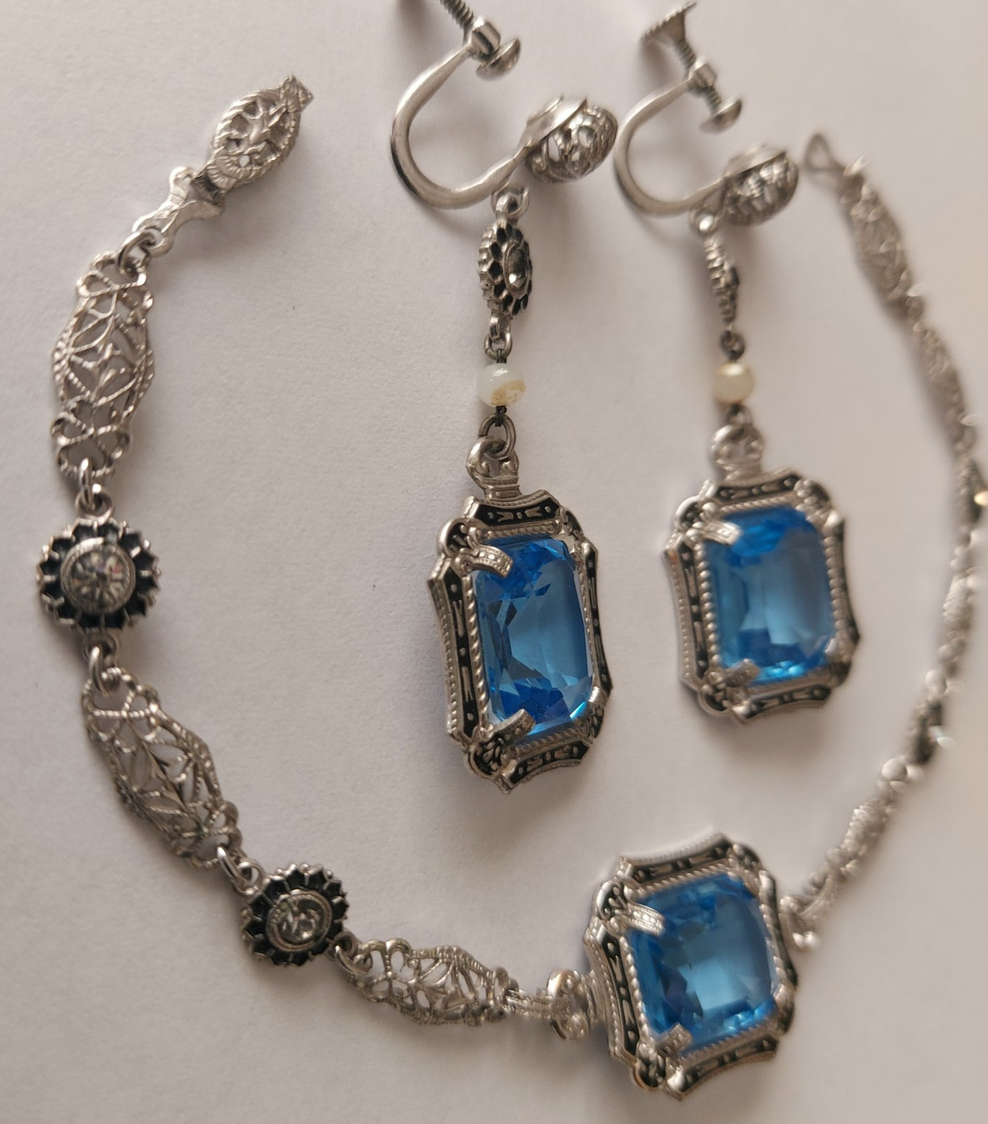 Antique Art Deco Blue Faceted Glass Ornate Filigree Bracelet & Earrings Set