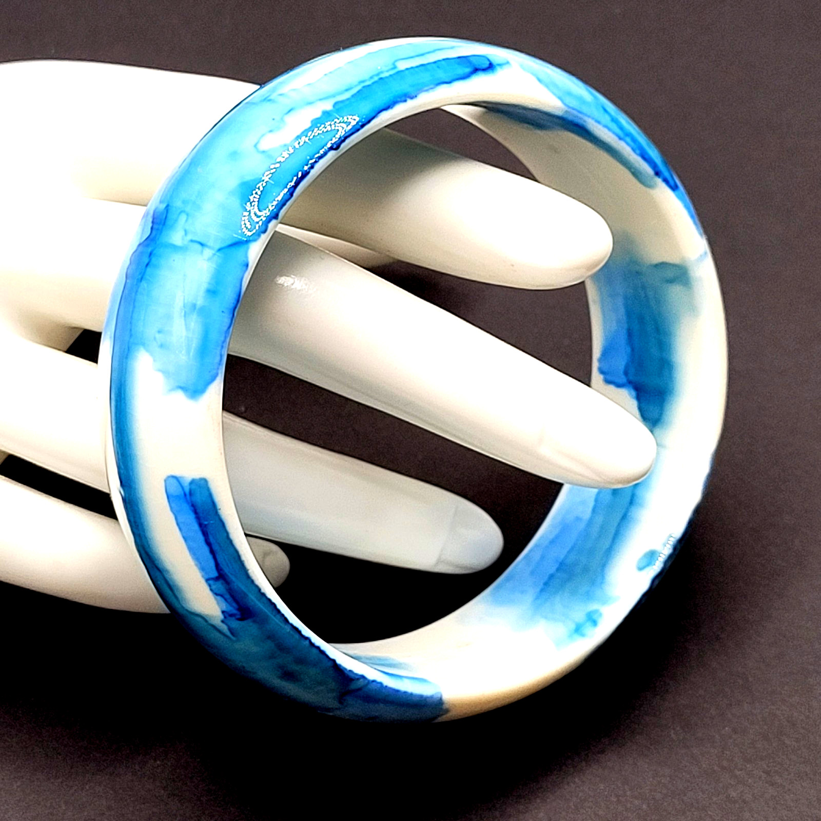 Marbled Watercolor Ink Blot Design Blue White Acrylic Chunky Bangle Bracelet