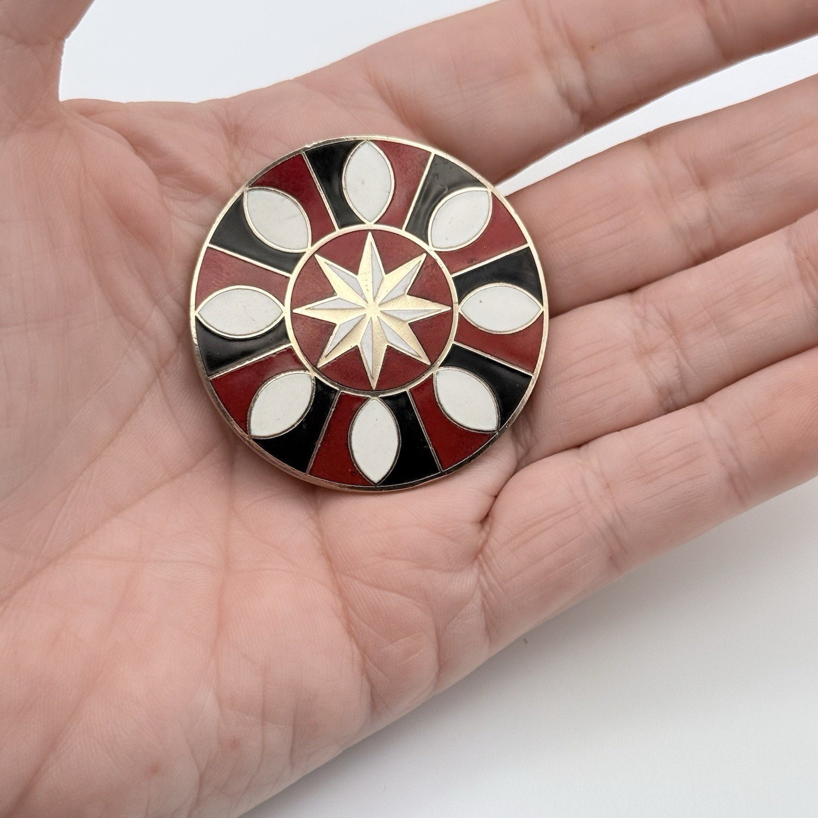 Vintage Enamel Geometric Starburst Brooch Red Black White Round 1.75″