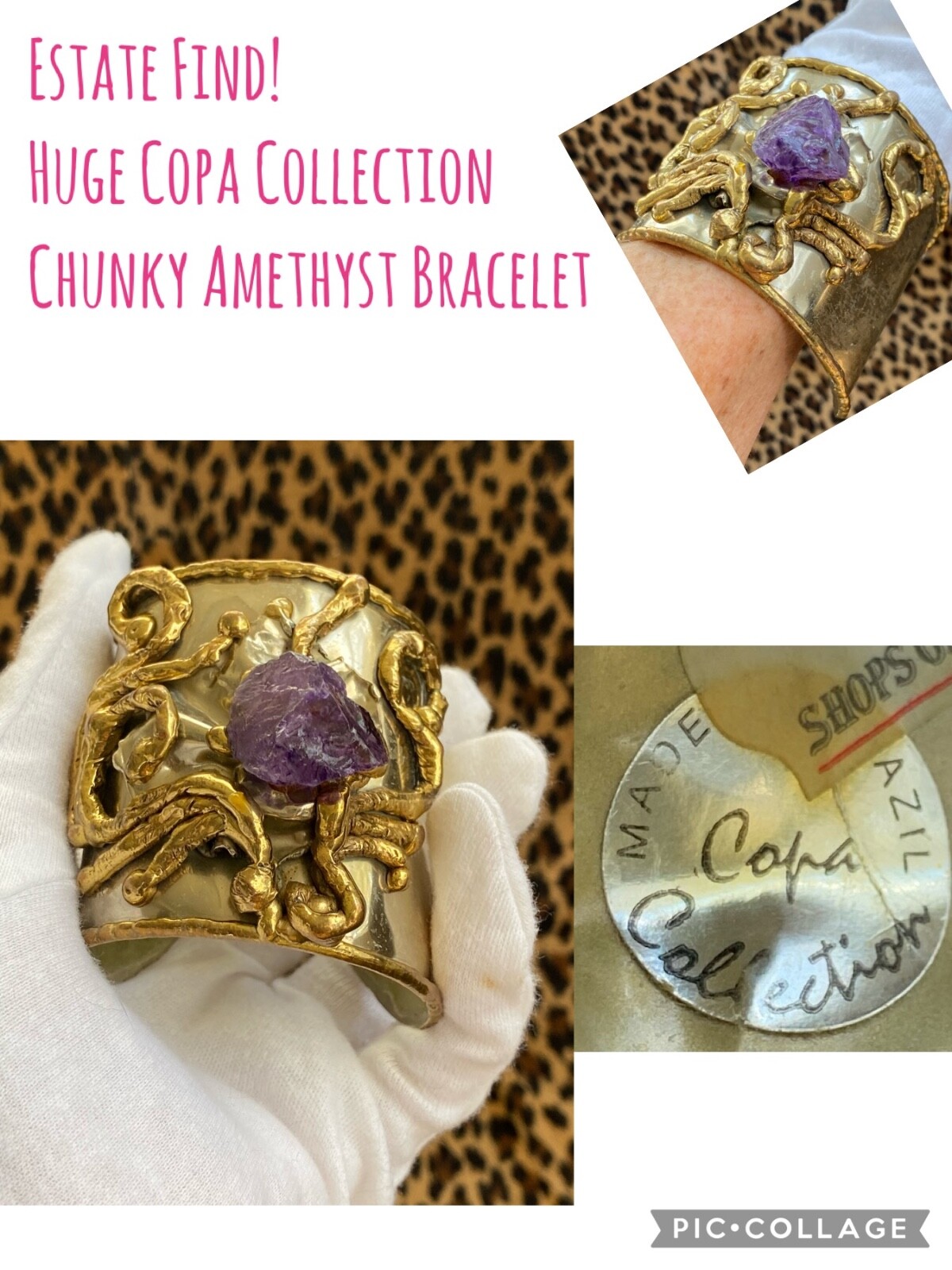 Vintage COPA COLLECTION Huge Chunky Brutalist Modernist Cuff Bracelet Amethyst