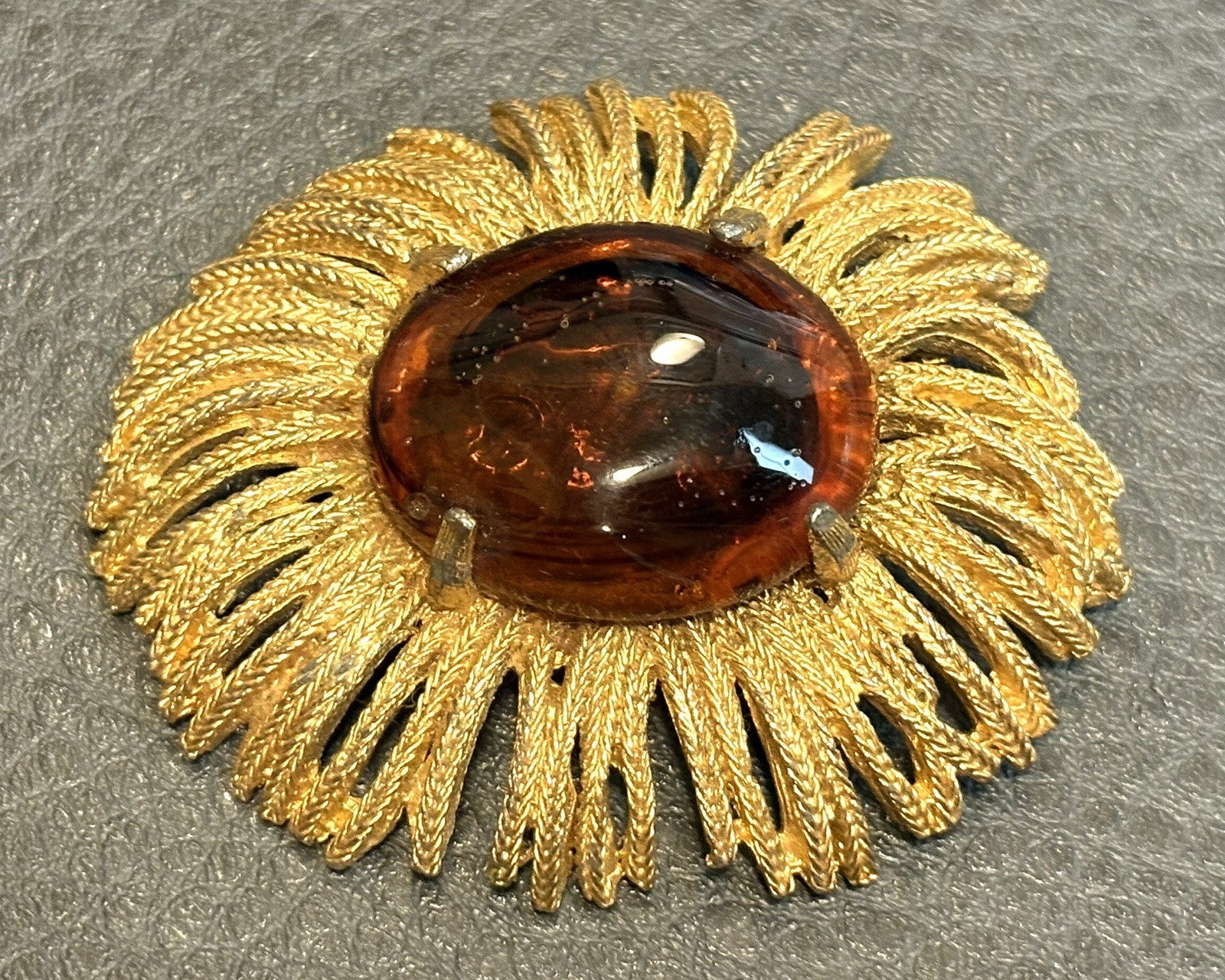 Vintage HUGE Modernist Brutalist Brooch Faux Amber Cabochon Rhinestone Gold Tone