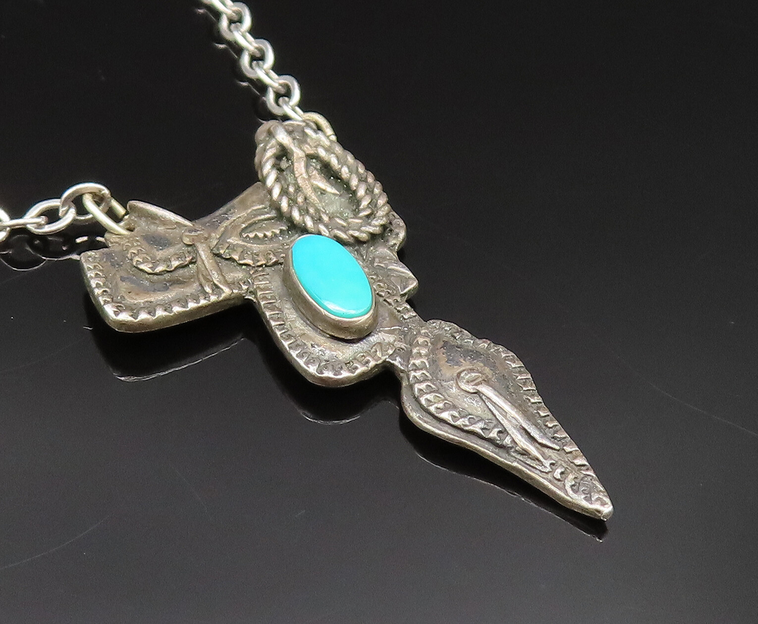 SOUTHWESTERN 925 Sterling Silver Vintage Etched Turquoise Saddle Tie Clip TR3382