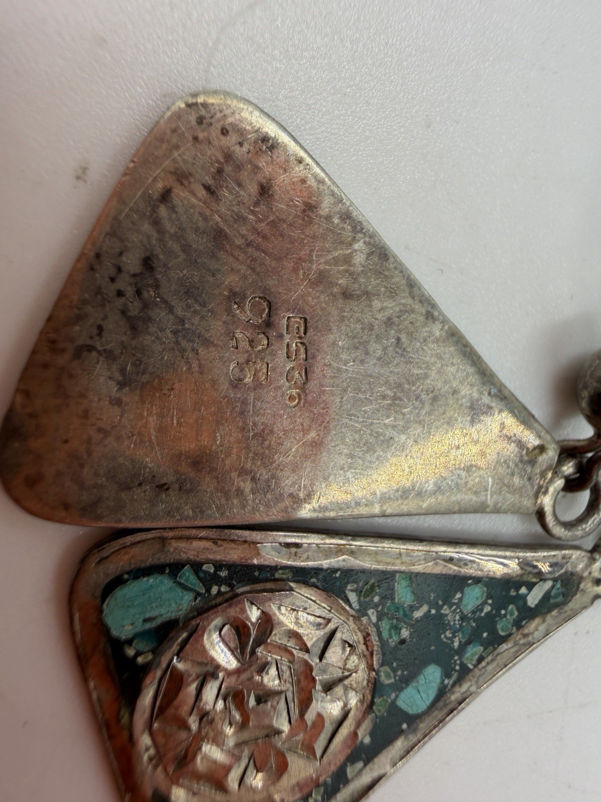 Vintage Earrings Mexico Guadalajara Dangle Triangle Turquoise Chip Inlay 925