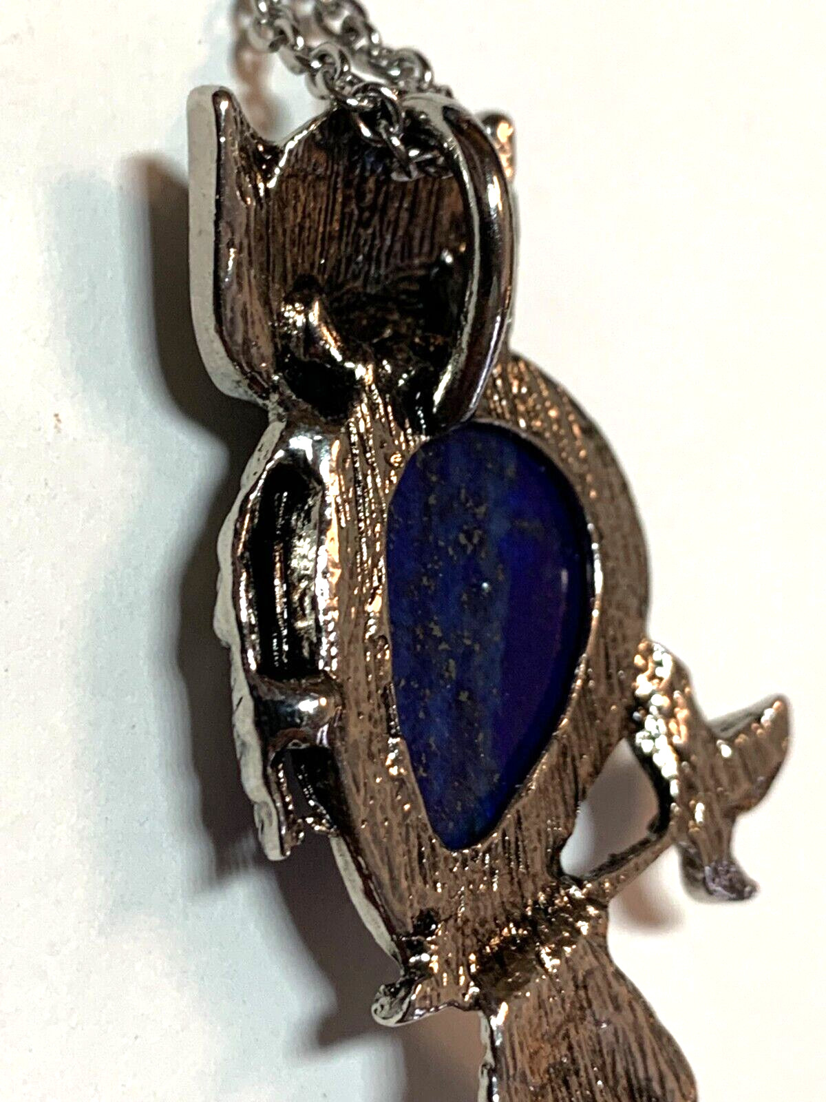 Lapis Lazuli Owl Pendant Glass Rhinestone Eyes Stainless Steel Chain Necklace
