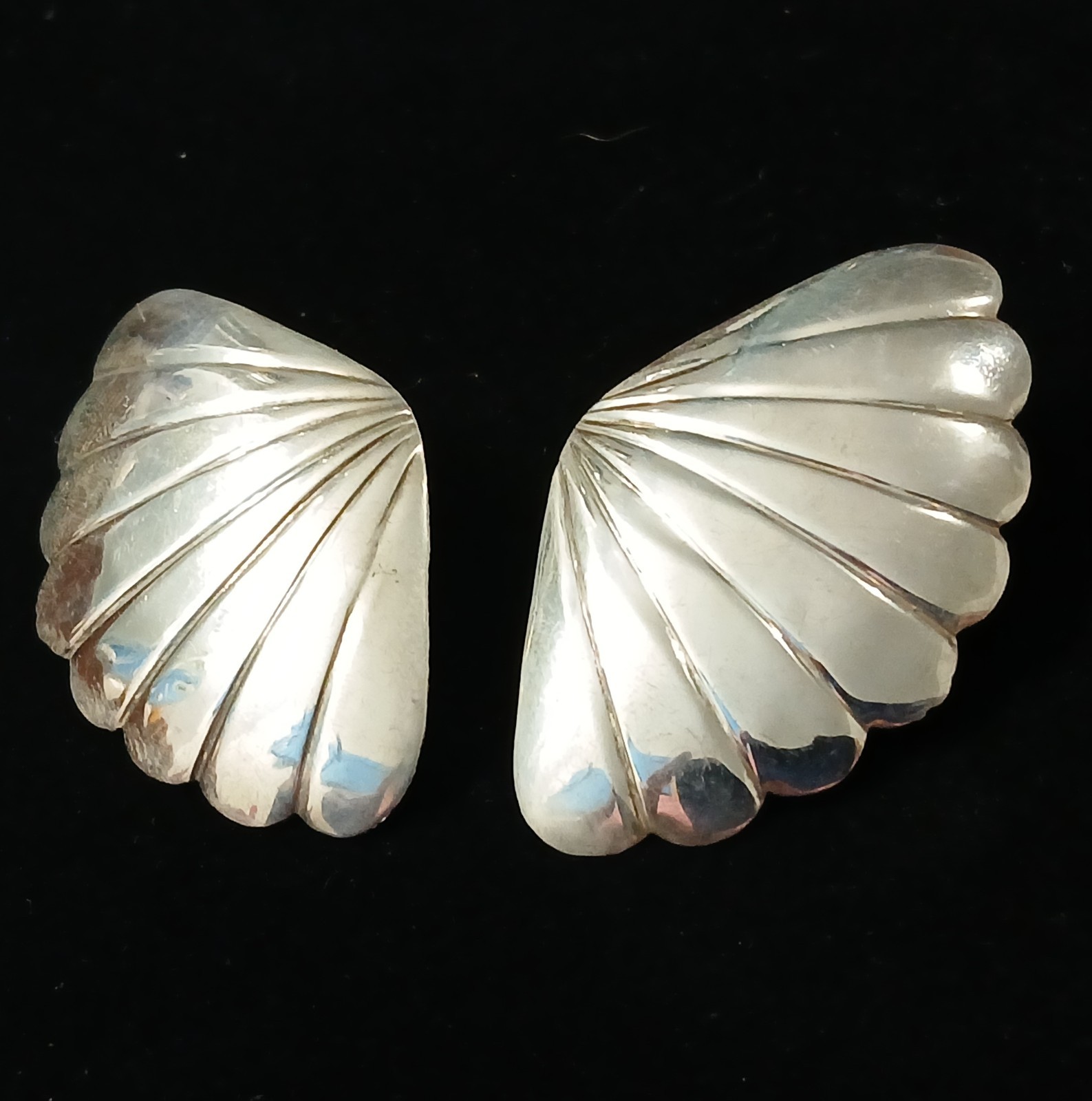 VTG Sterling Scalloped Earrings 925 Silver Fan Boho Nautical Statement 1 7/8″