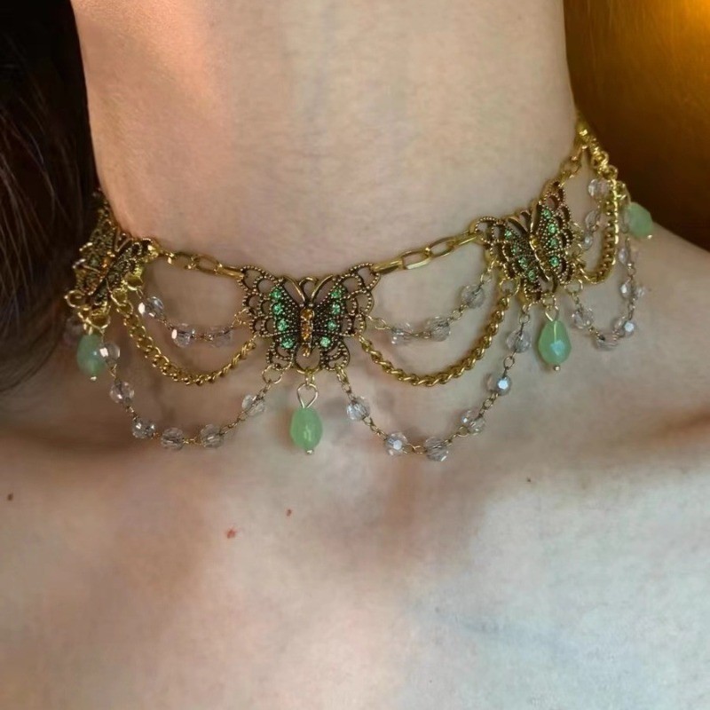 Vintage Butterfly Choker Necklace Gold Tone Crystal Beaded Women Jewelry Gift