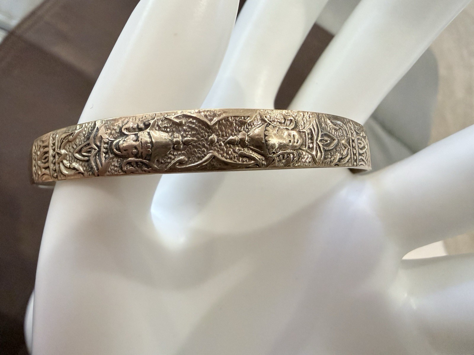 Vintage Brass Deity Torque Cuff Bangle – Hand-Engraved Bracelet, 7.25″