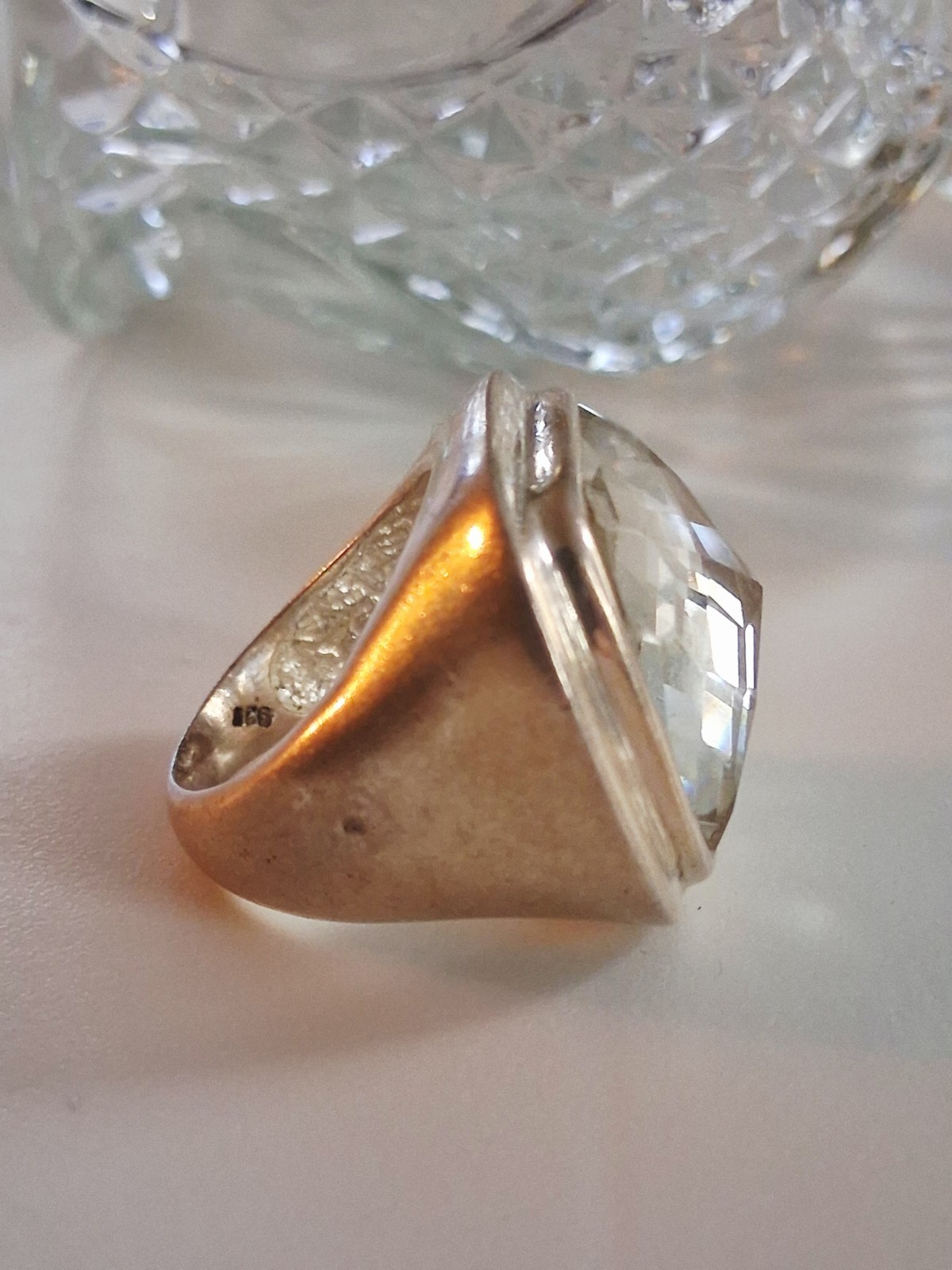 Huge Vintage Rock Crystal Clear Quartz Statement Ring Size 7.5 Sterling Silver