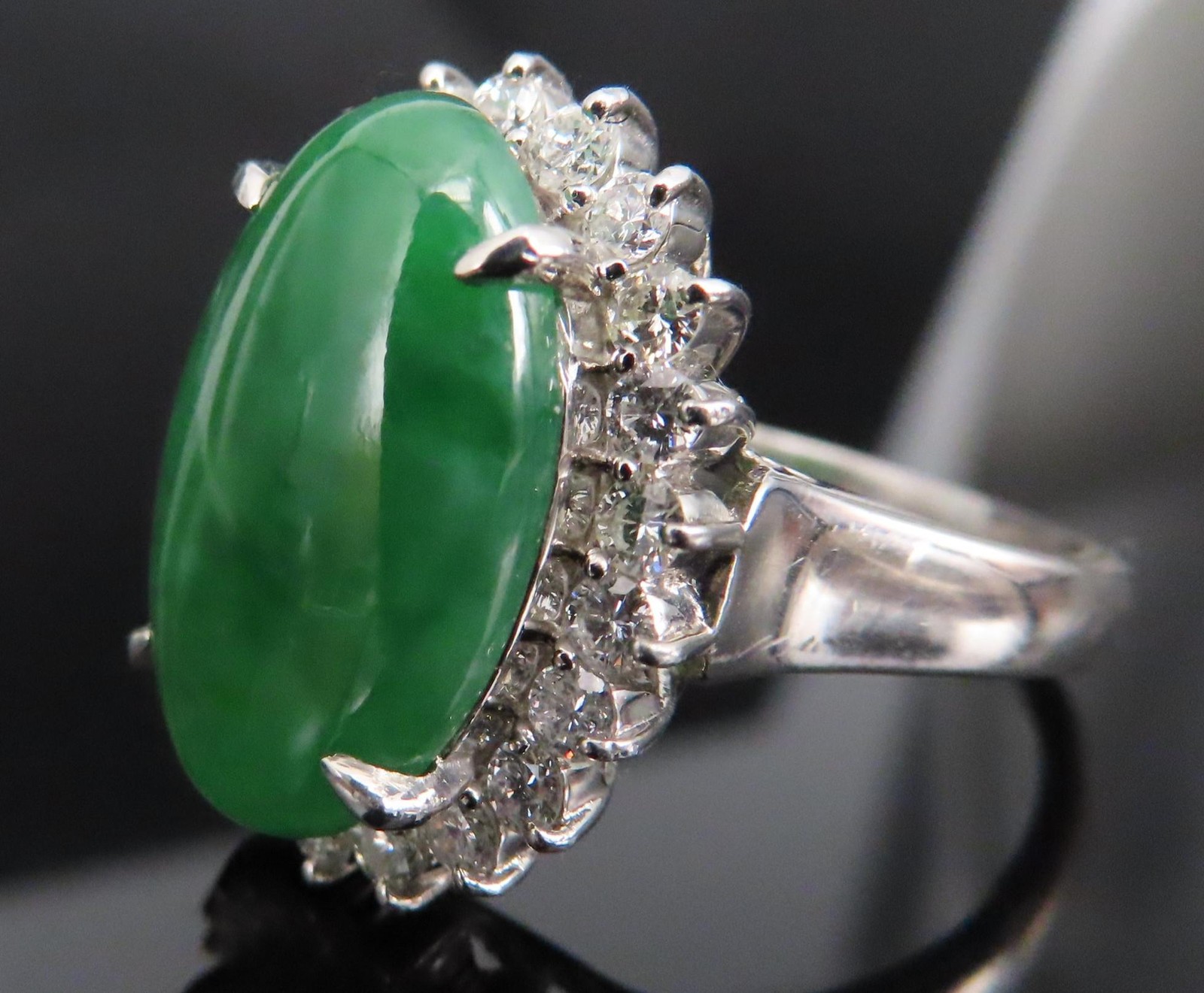 5.95ct Natural Green Jadeite Jade 0.75ct Diamond Platinum Ring Size 8.5