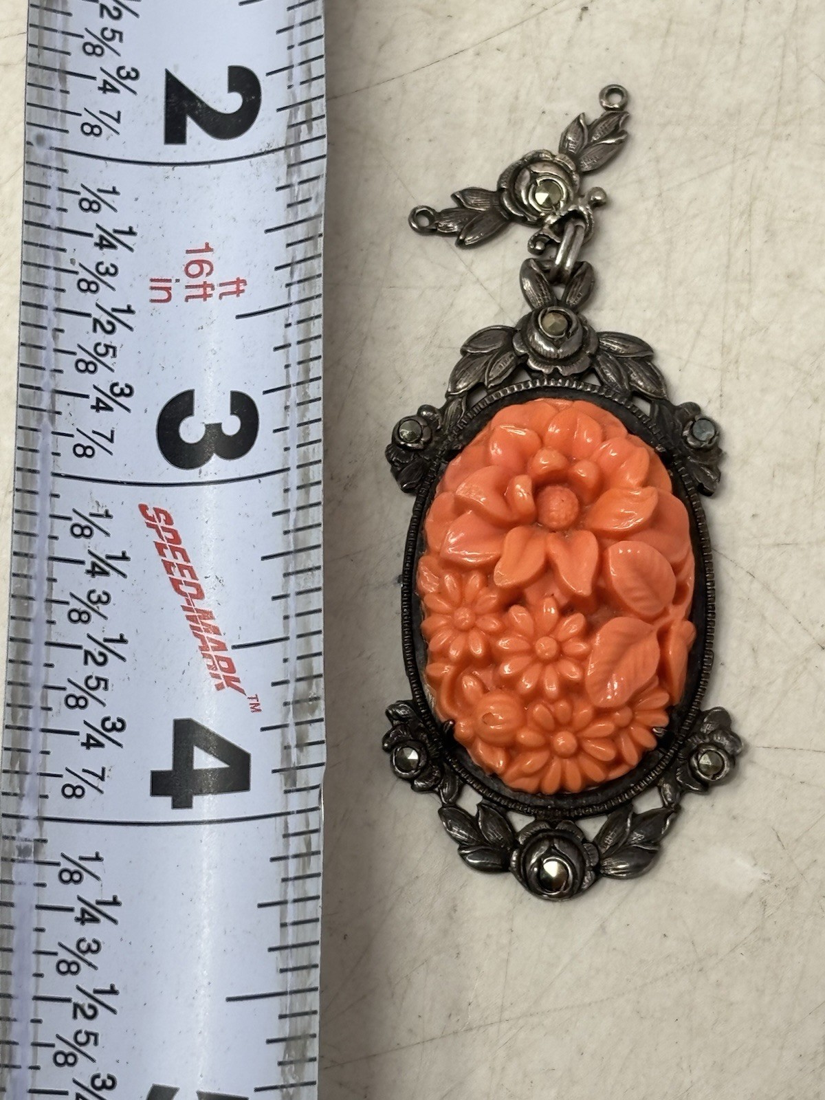 Art Deco Molded Glass Coral Marcasite Pendant Flower Design