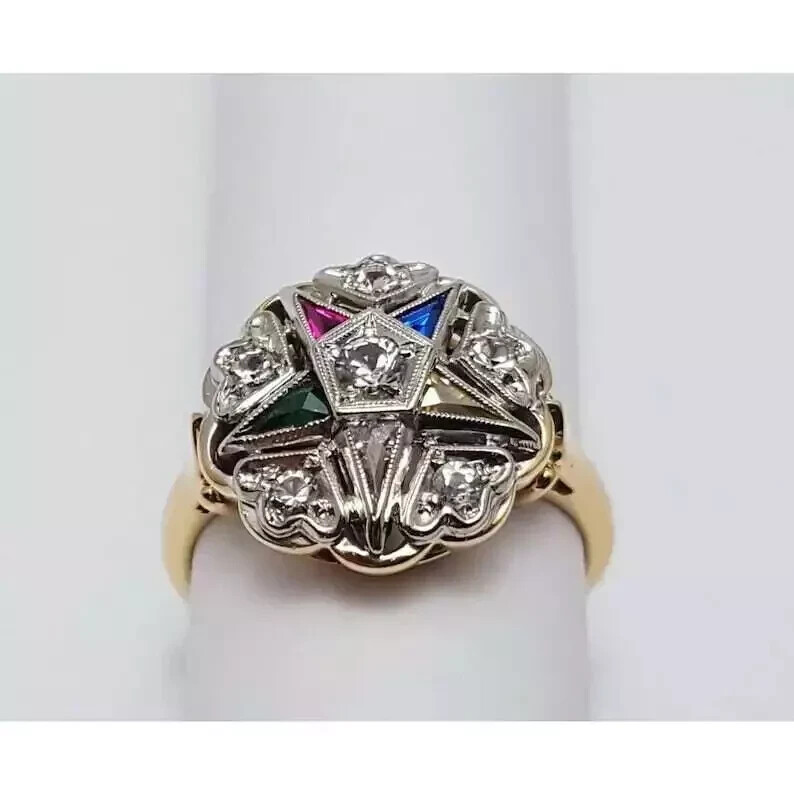 Eastern Star Multi-Color Lab Created Diamond 14K Gold FN Art Deco Wedding Ring