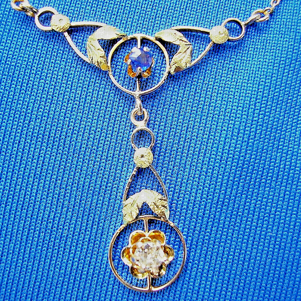 Original EARTH MINED DIAMOND SAPPHIRE Deco Pendant 14K GOLD Antique Necklaces
