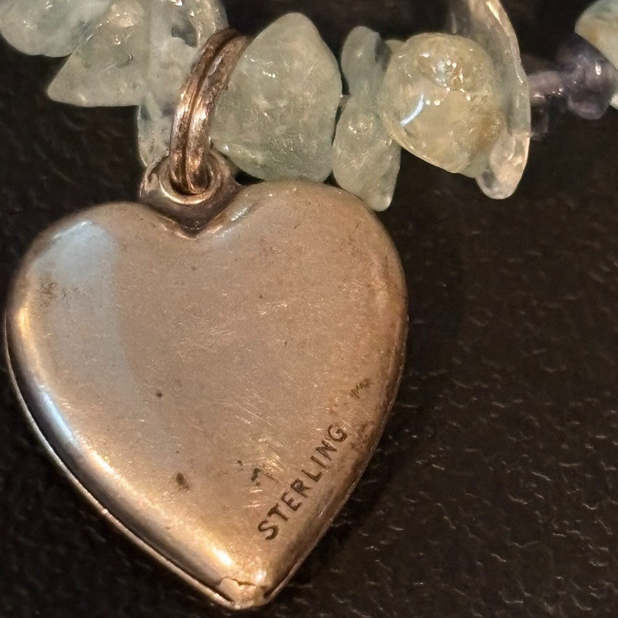 Small Girls Sterling Siver Signed “I Love you” charm aqua stone heart bracelet