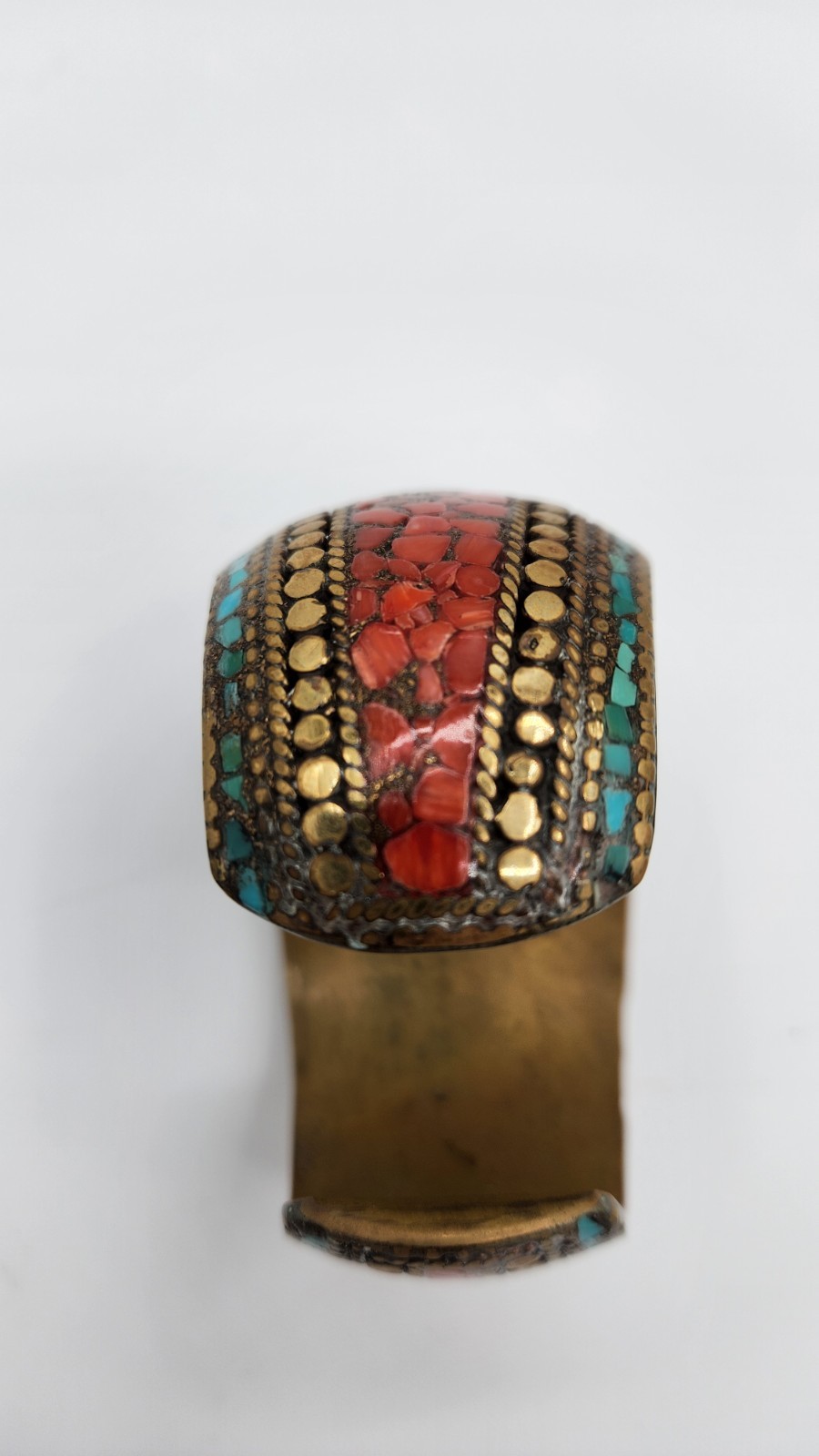 Vintage Brass Tibetan Style Inlaid Cuff Bracelet Multi Color Stones