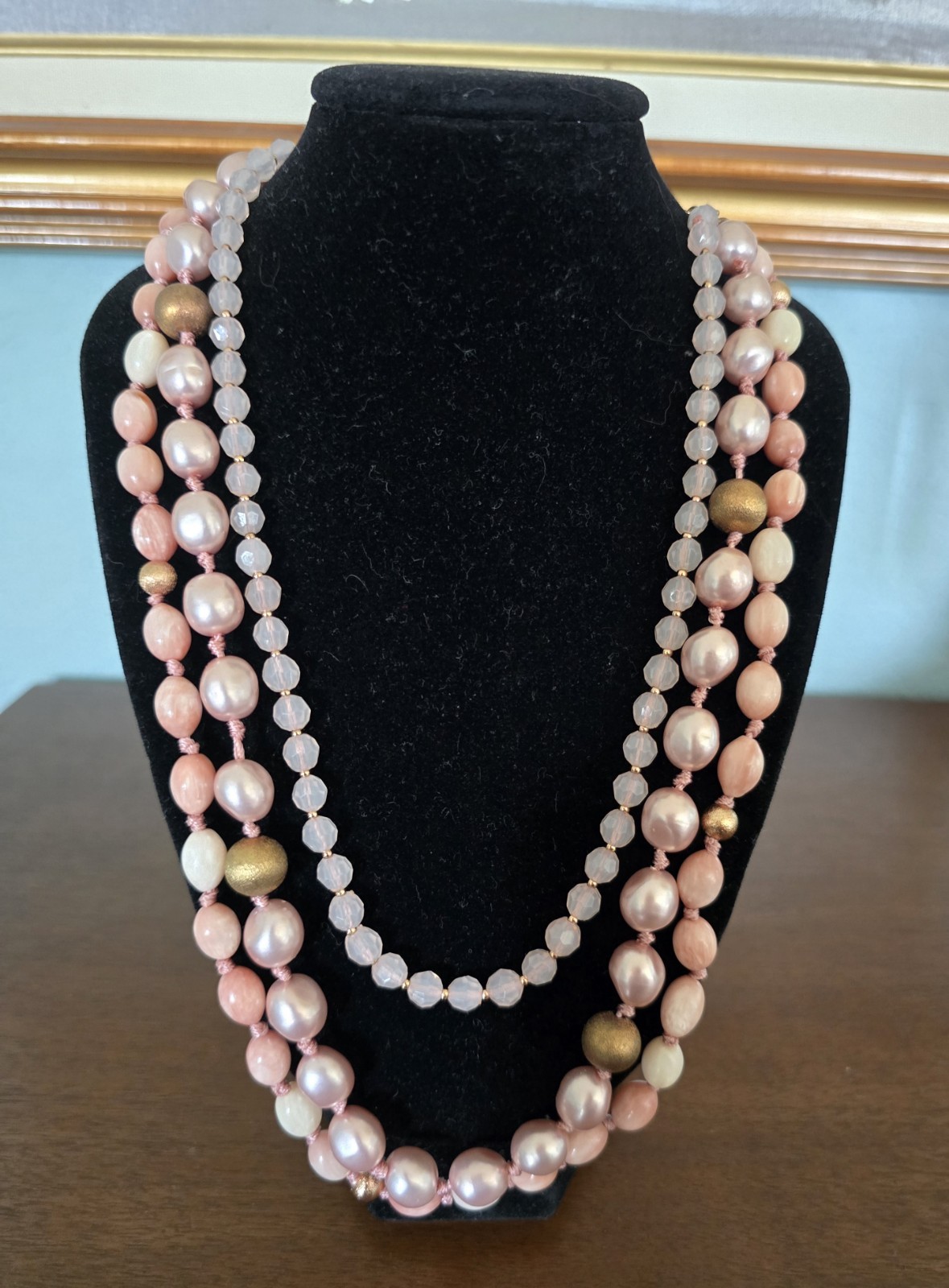 Vintage Monet Pink & Champagne 3 Strand Necklace Faux Pearl And Crystal Bead 17″