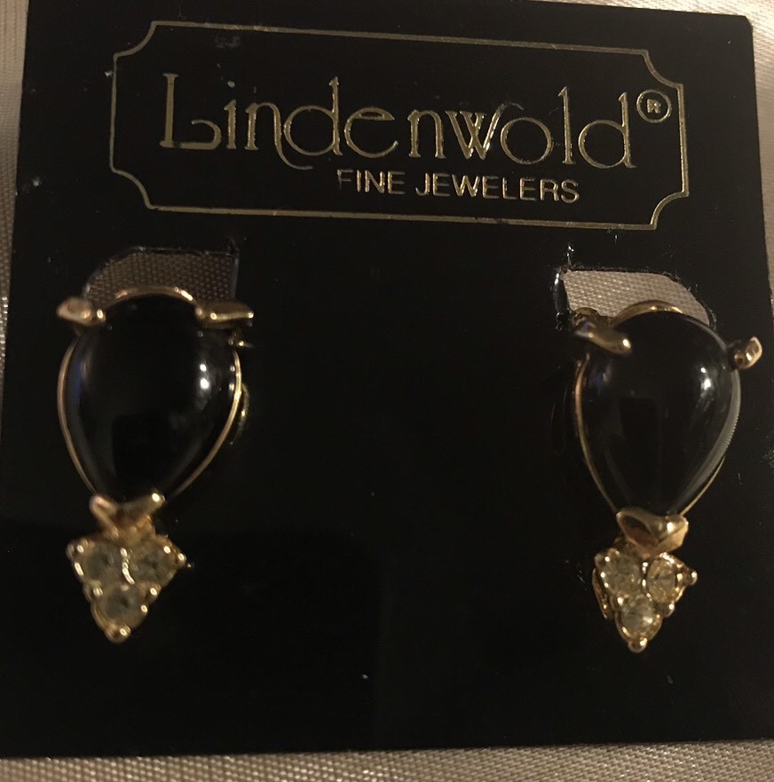 Lindenwold Pear Shape Black Onyx & Swarovski Crystal Clip-on Earrings 14k HGE
