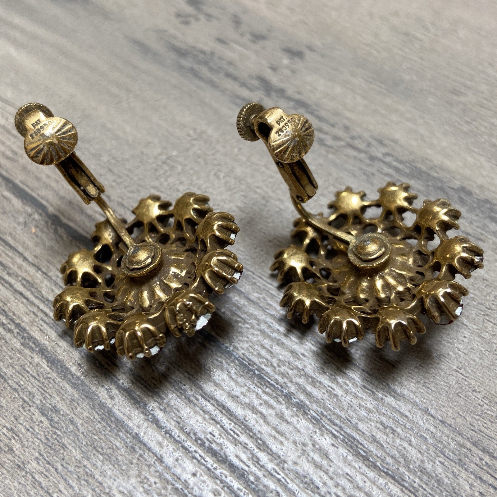 Vintage Coro Earrings Clip On Red AB Iridescent Rhinestones Round Floral Cluster