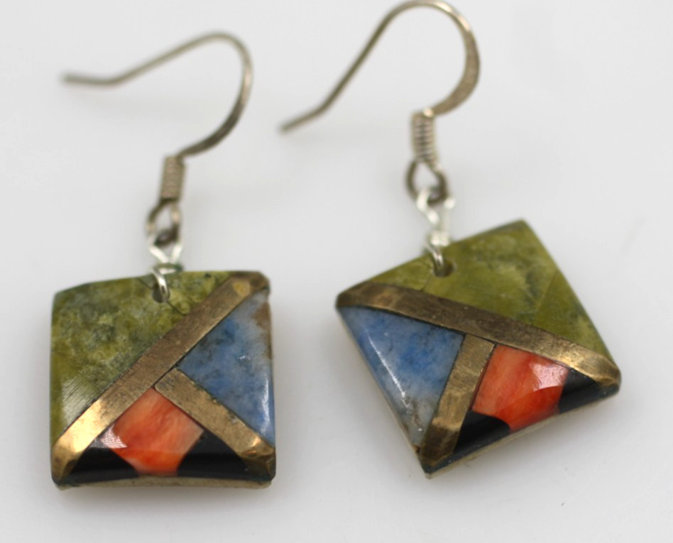 Vintage silver tone inlaid multi color stone drop dangle hook pierced Earrings