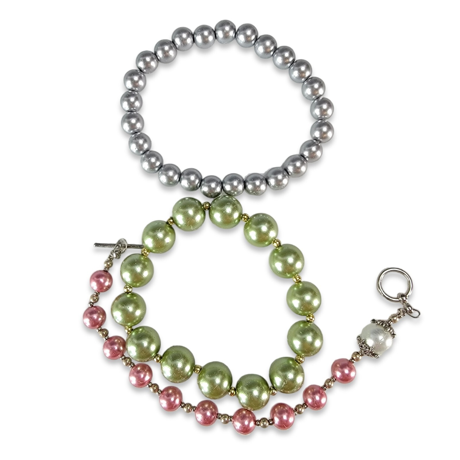 Vintage Pastel Faux Pearl Bracelets Gray Green Pink Jewelry Set of (3) 7.25″