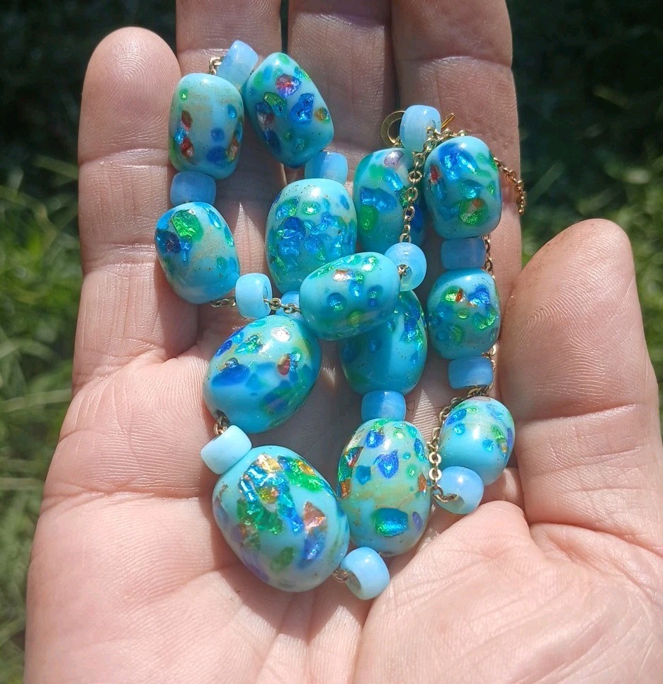 SALE VINTAGE JAPAN FOIL RAINBOW CONFETTI GLASS BARRELL SLIDE CHAIN NECKLACE SET